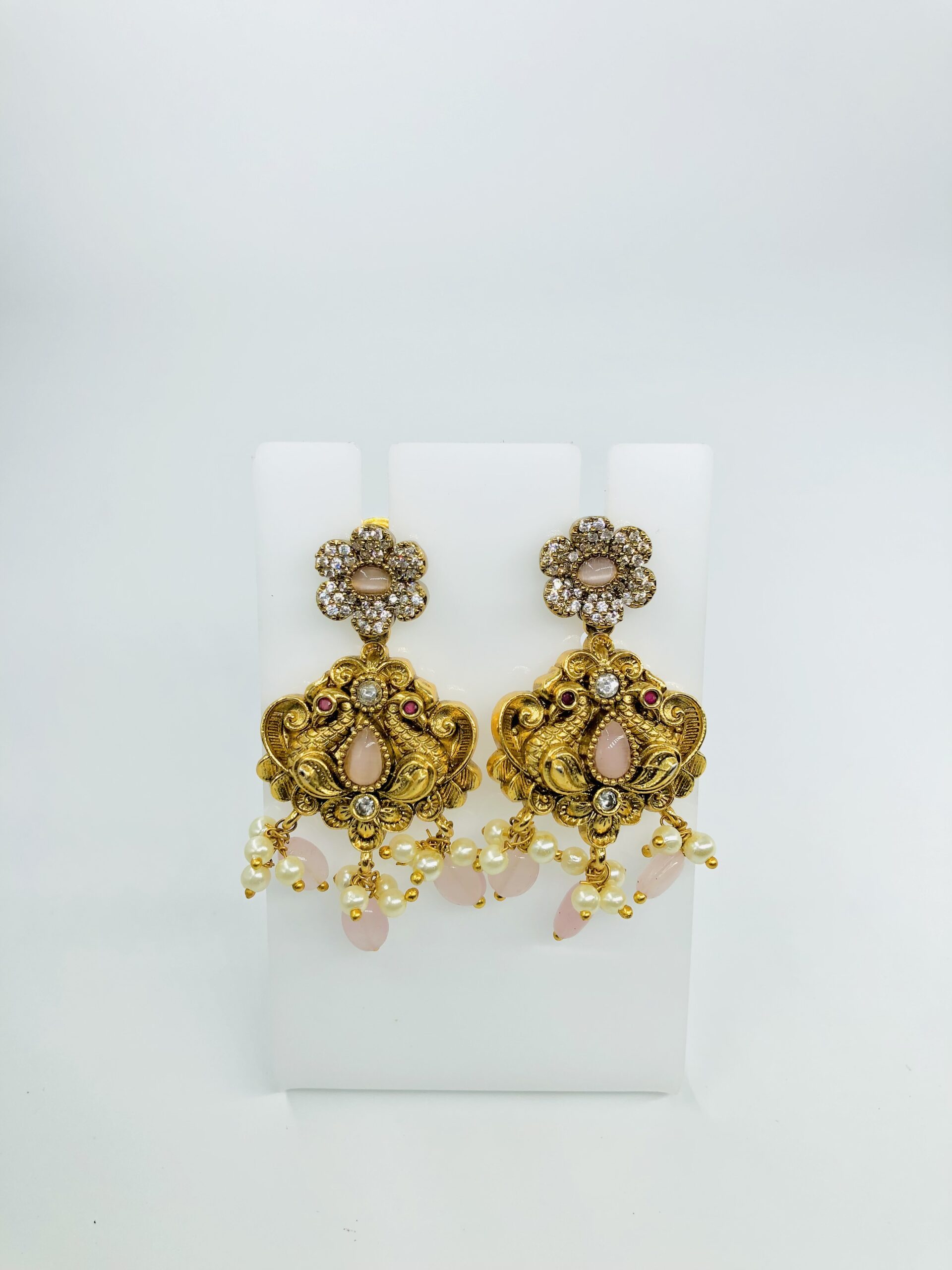 Antique Gold-Tone Floral Drop Earrings with CZ, Pink Stones, and Pearls