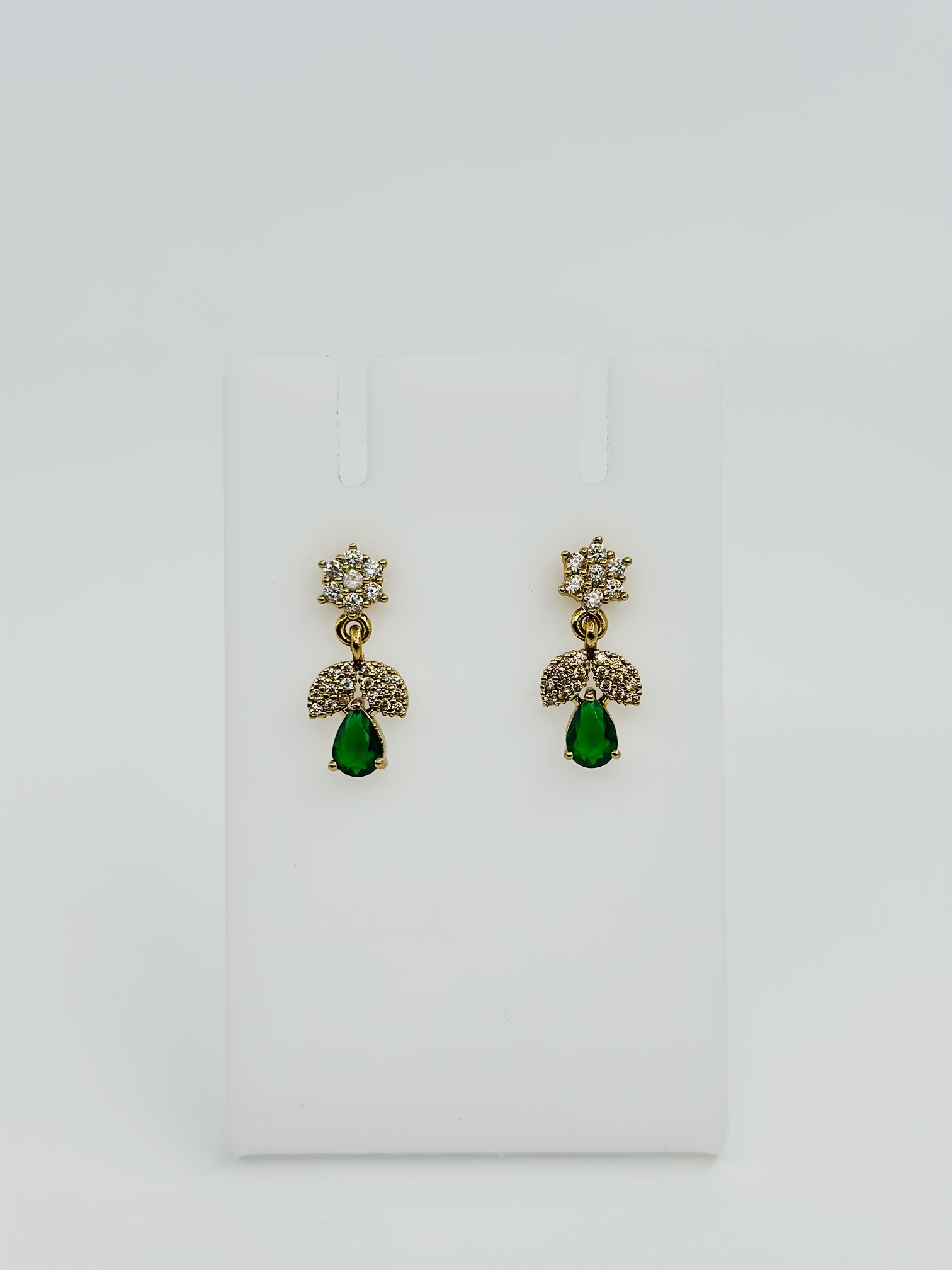 Gold-Tone CZ Floral Stud Drop Earrings with Light Green Teardrop - Image 4
