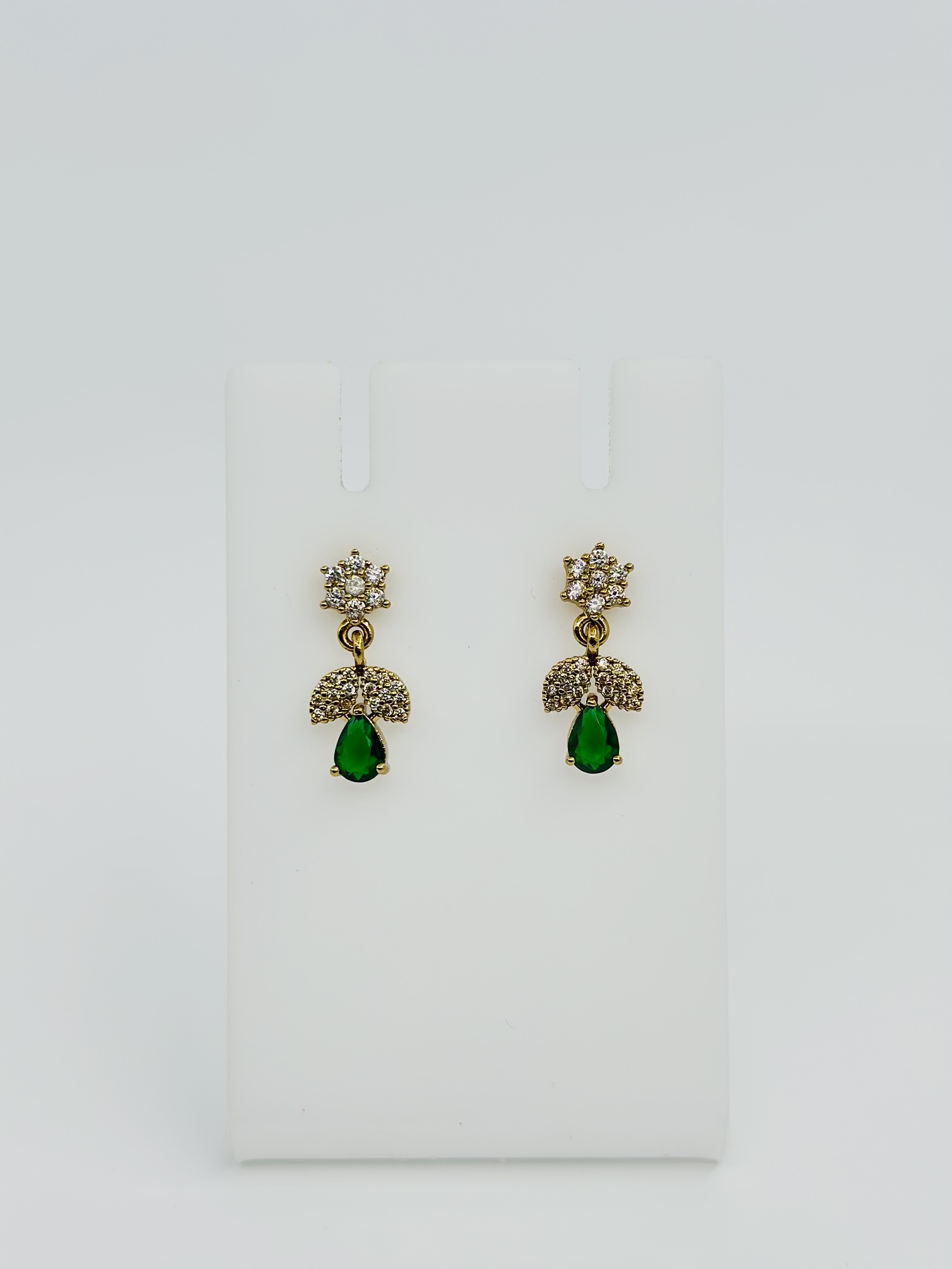 Gold-Tone CZ Floral Stud Drop Earrings with Light Green Teardrop - Image 3