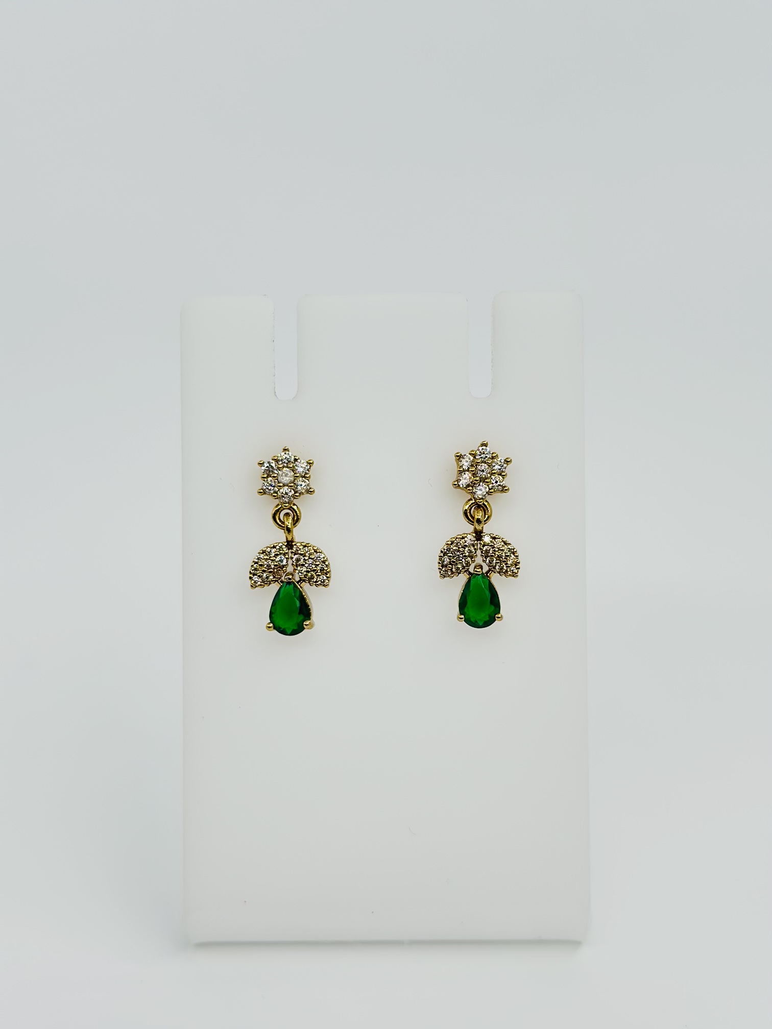Gold-Tone CZ Floral Stud Drop Earrings with Light Green Teardrop - Image 2