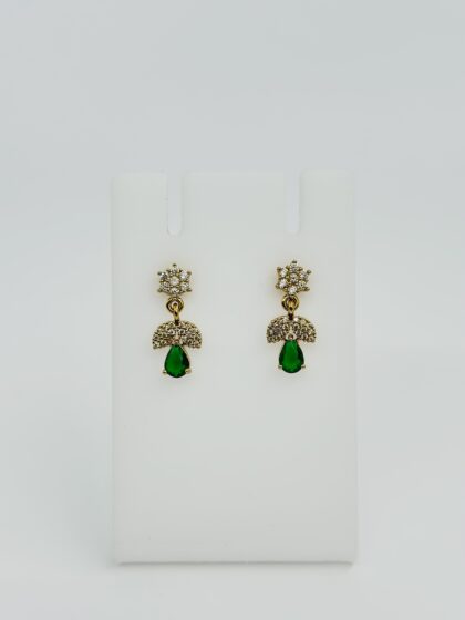 Gold-Tone CZ Floral Stud Drop Earrings with Light Green Teardrop