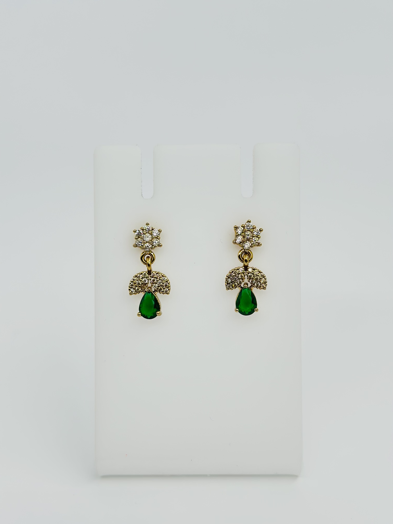 Gold-Tone CZ Floral Stud Drop Earrings with Light Green Teardrop