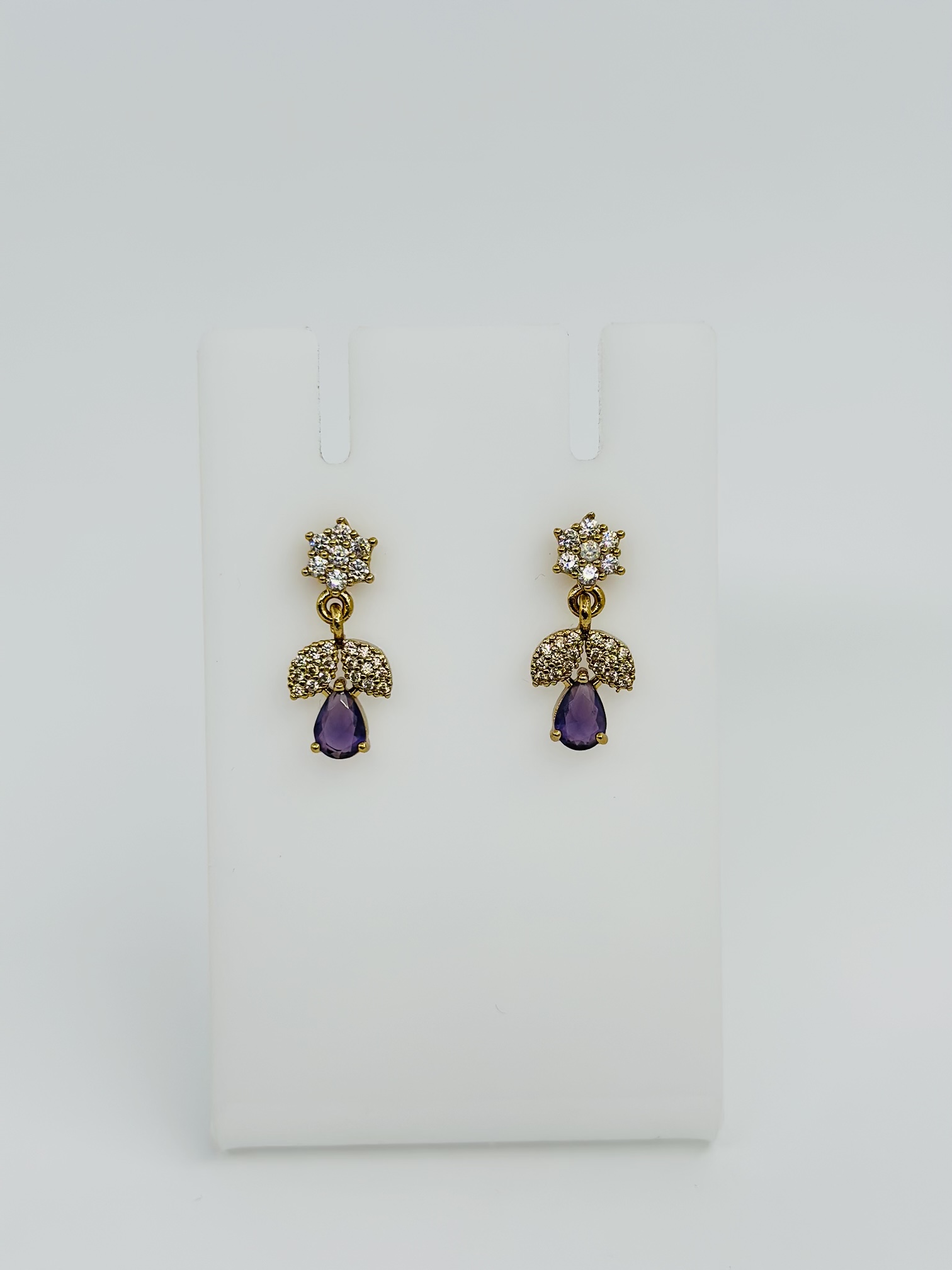 Gold-Tone CZ Floral Stud Drop Earrings with Dark Purple Teardrop - Image 3