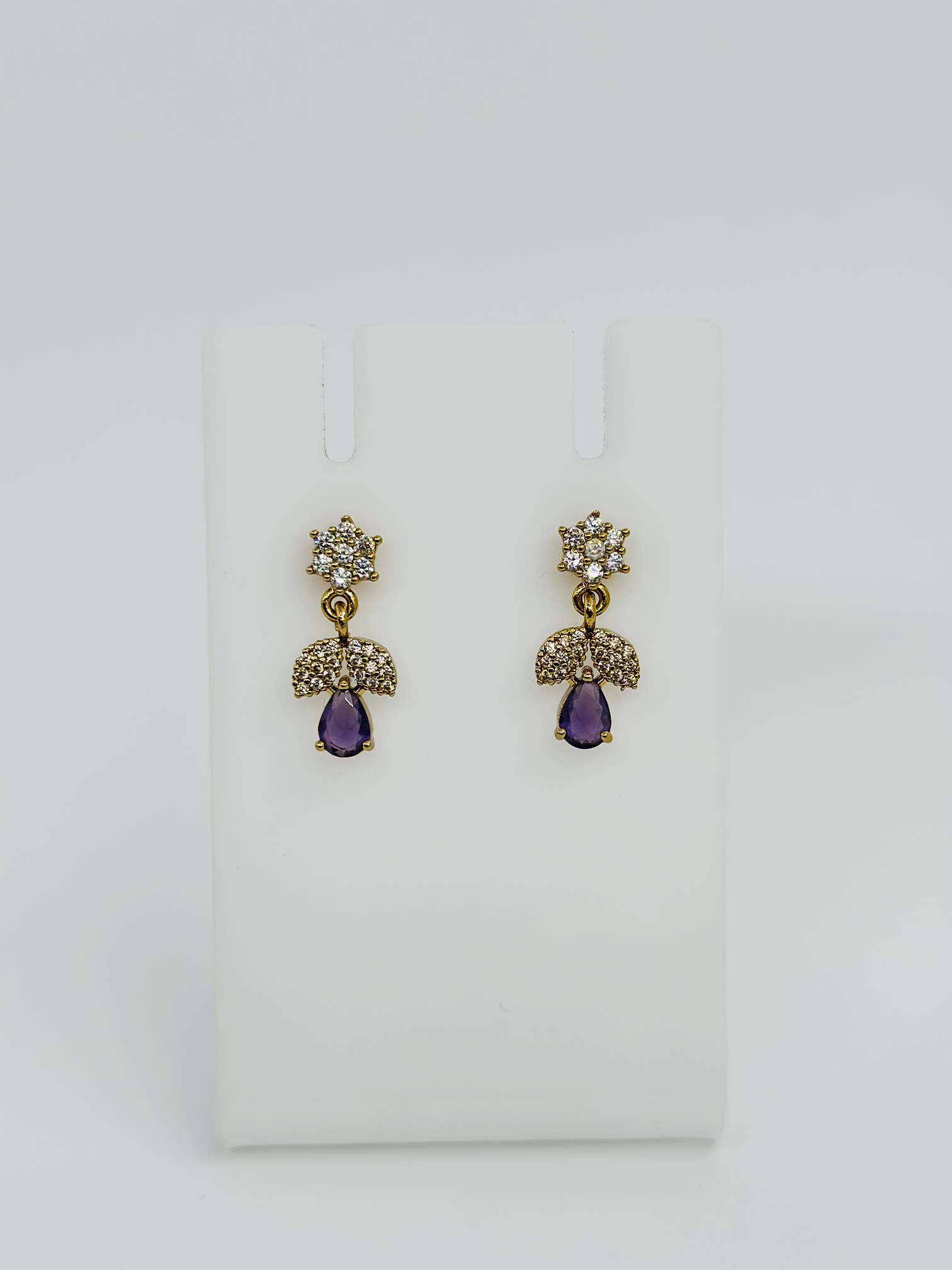Gold-Tone CZ Floral Stud Drop Earrings with Dark Purple Teardrop - Image 2