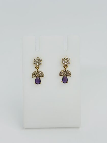 Gold-Tone CZ Floral Stud Drop Earrings with Dark Purple Teardrop