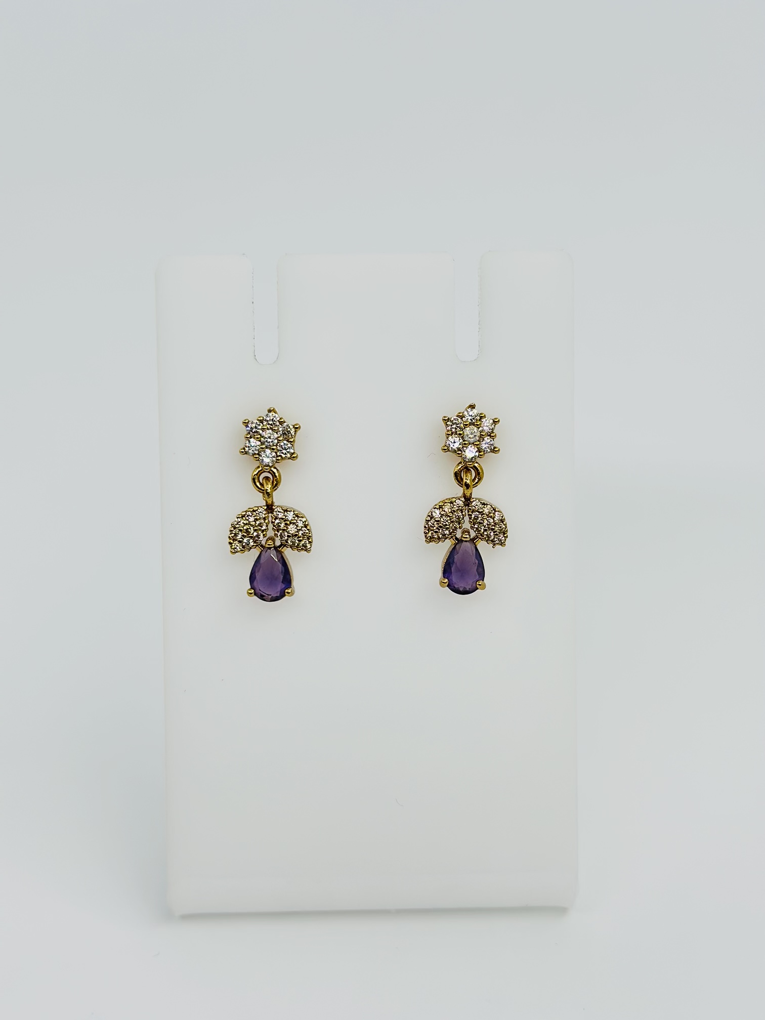 Gold-Tone CZ Floral Stud Drop Earrings with Dark Purple Teardrop
