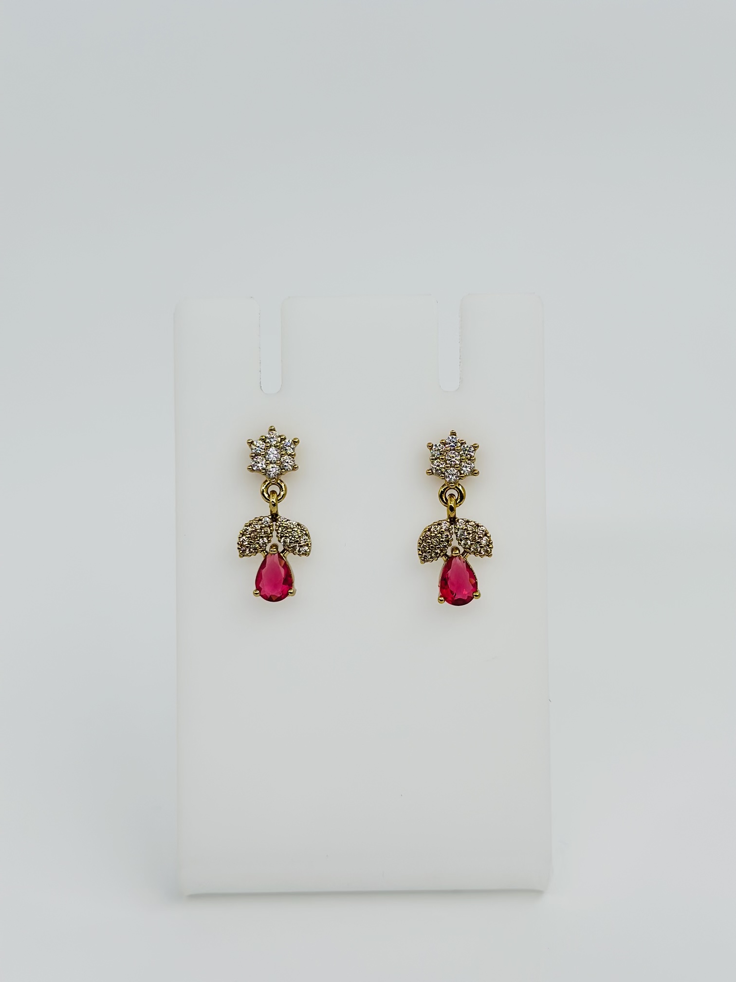 Gold-Tone CZ Floral Stud Drop Earrings with Ruby Teardrop - Image 4