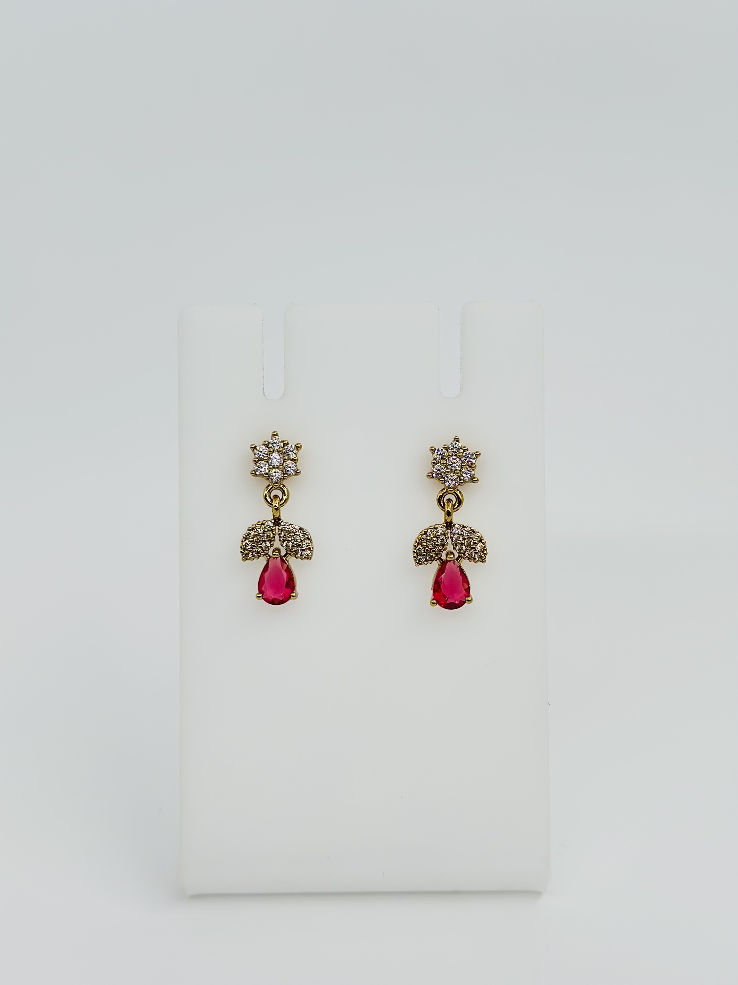 Gold-Tone CZ Floral Stud Drop Earrings with Ruby Teardrop - Image 3