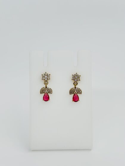 Gold-Tone CZ Floral Stud Drop Earrings with Ruby Teardrop
