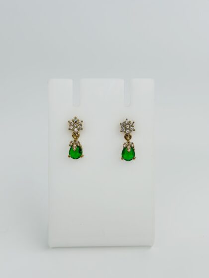 Gold-Tone CZ Floral Stud Drop Earrings with Emerald Teardrop