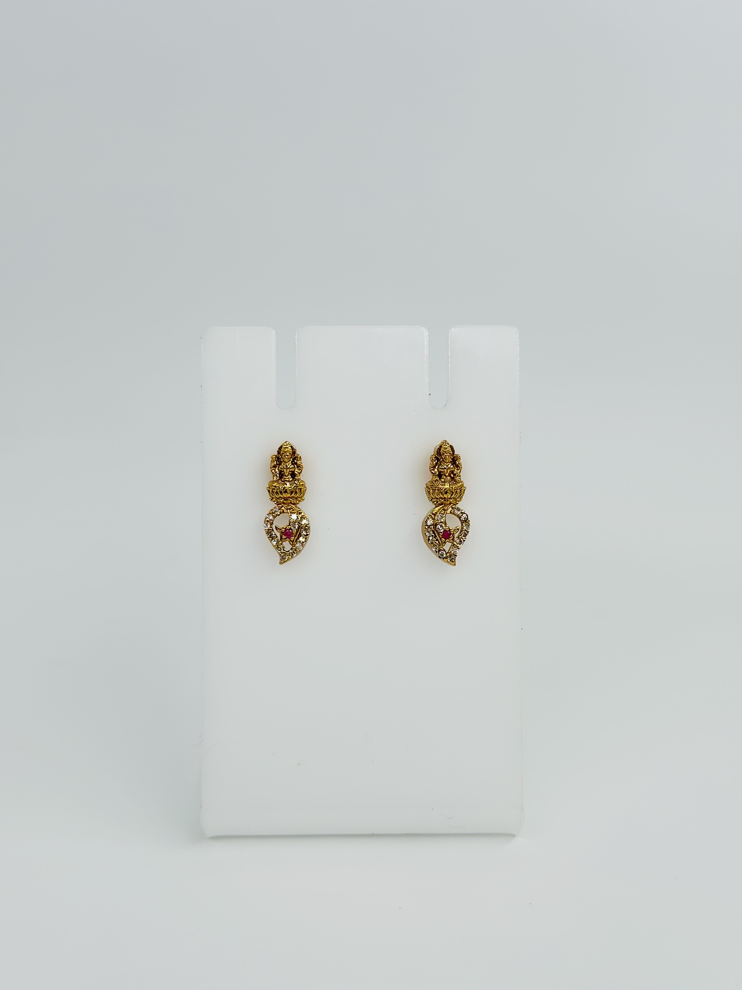 Gold-Tone Lakshmi Stud Drop Earrings with CZ and Pink Stone - Image 4