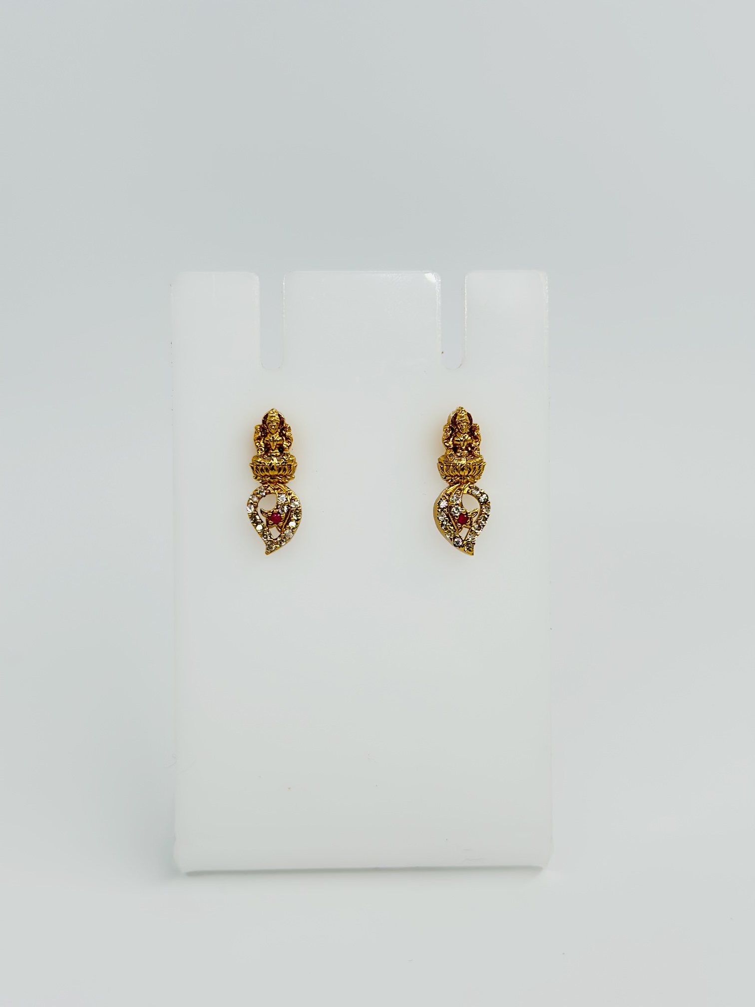Gold-Tone Lakshmi Stud Drop Earrings with CZ and Pink Stone - Image 3