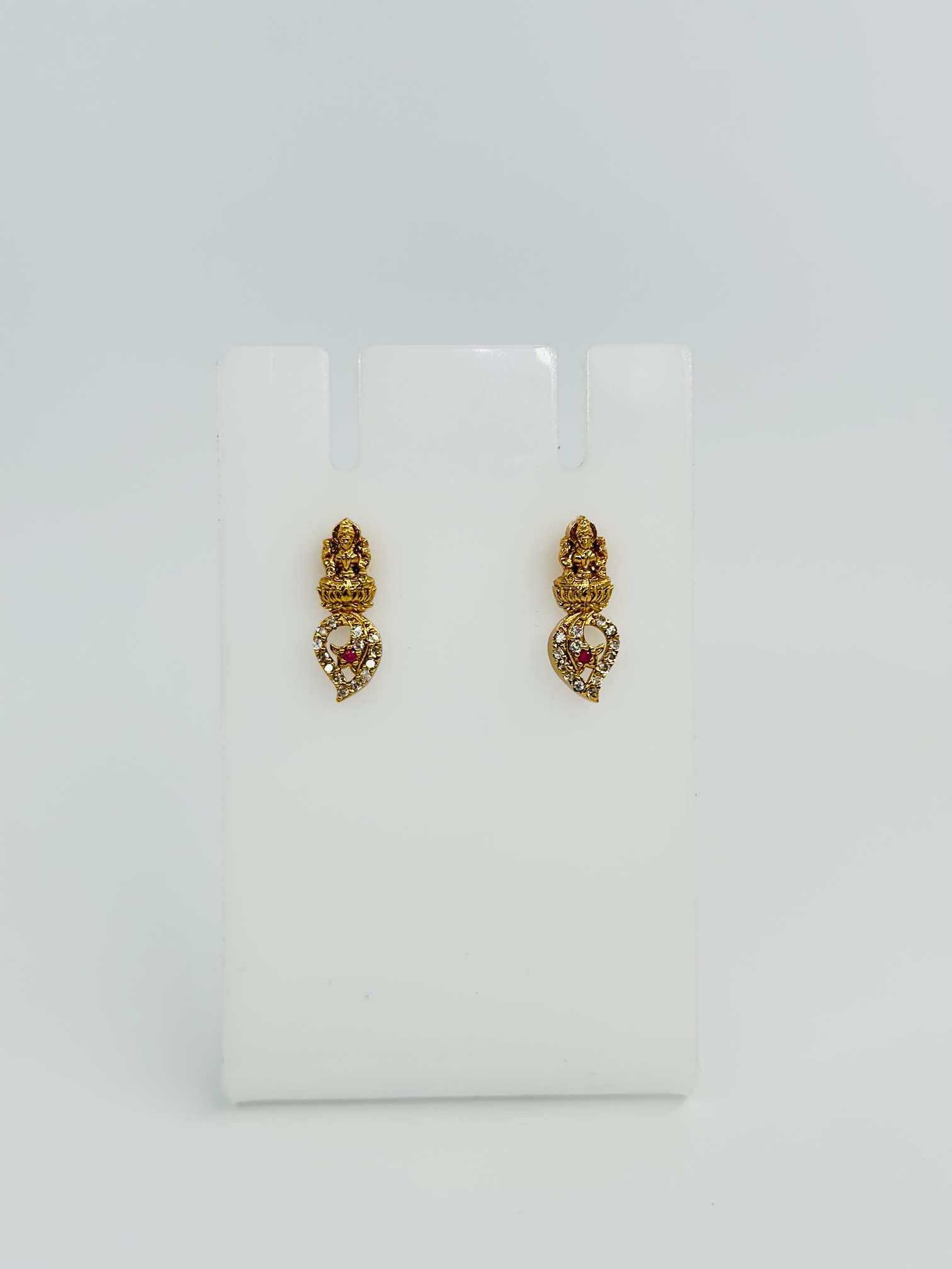 Gold-Tone Lakshmi Stud Drop Earrings with CZ and Pink Stone - Image 2