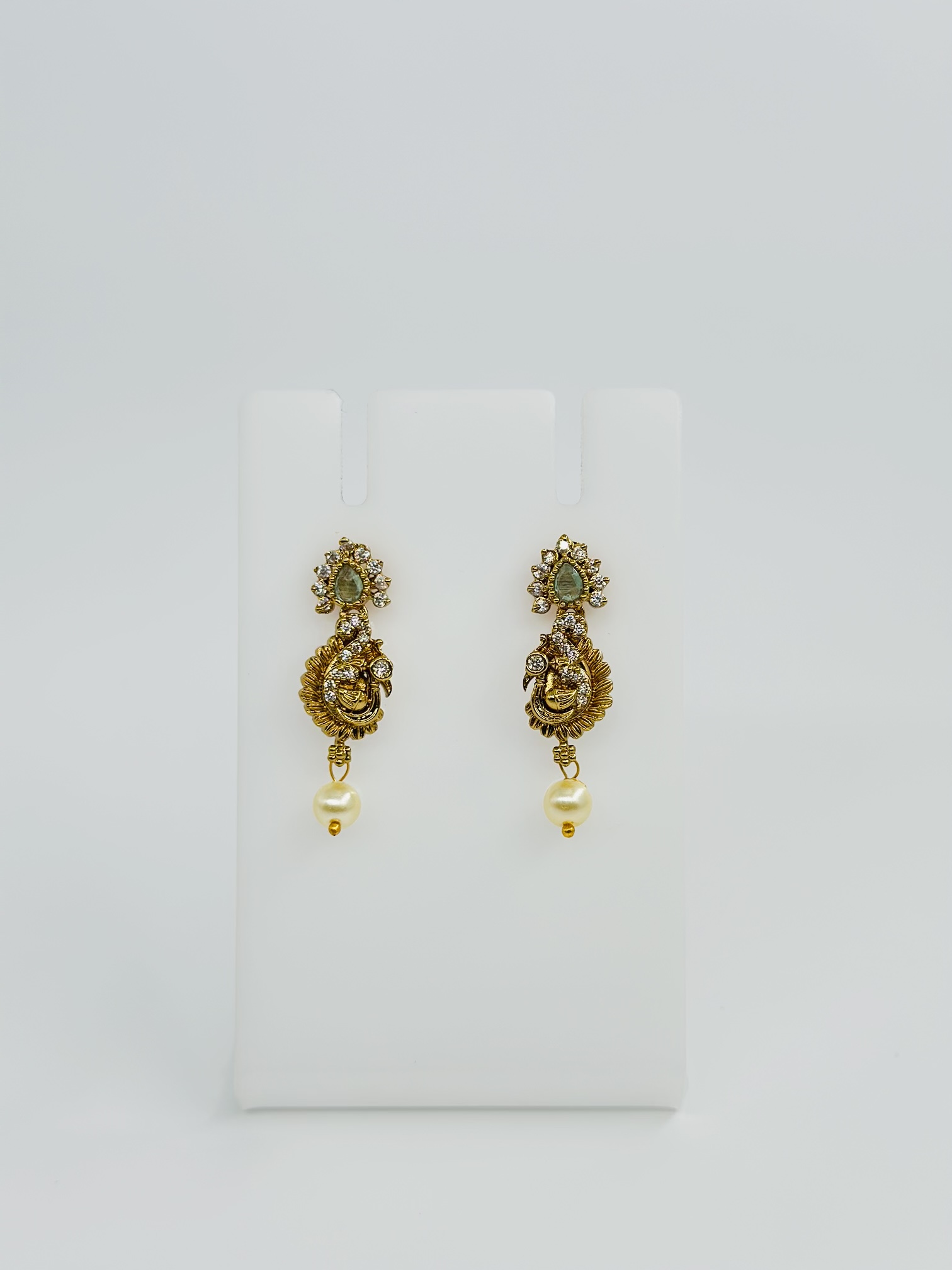 Gold-Tone Peacock Drop Earrings with CZ, Green Stone, and Pearl - Image 4