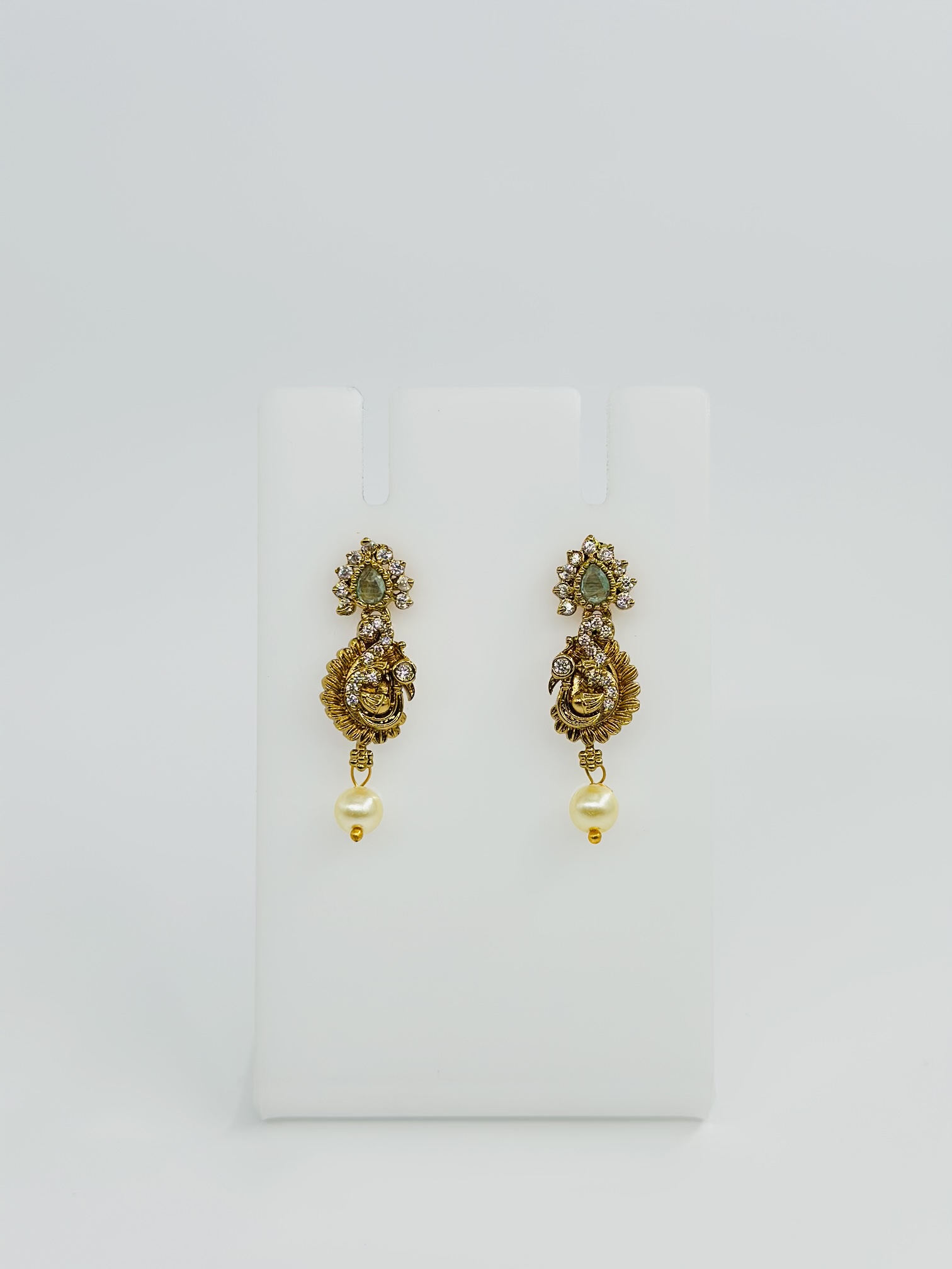 Gold-Tone Peacock Drop Earrings with CZ, Green Stone, and Pearl - Image 3