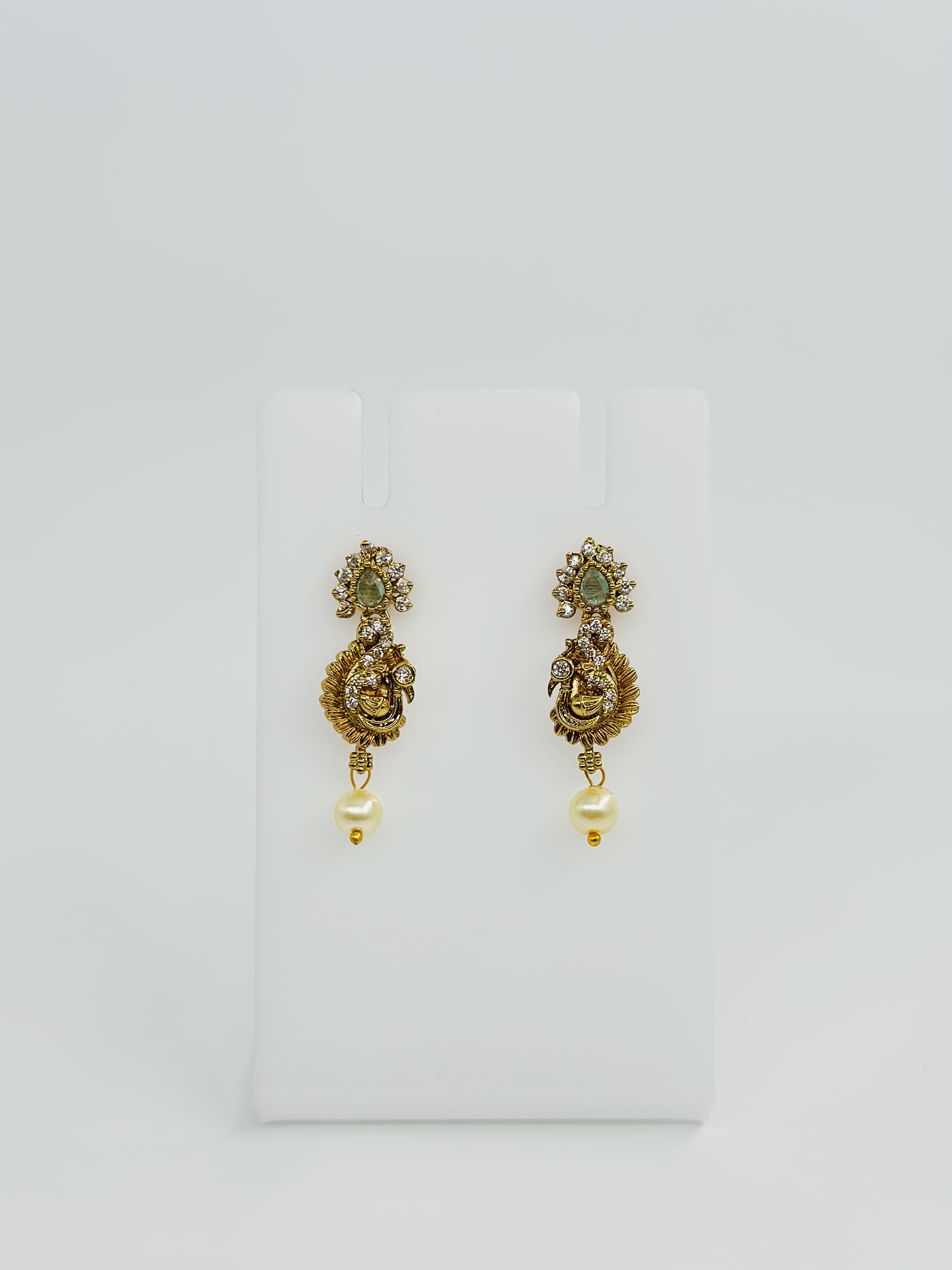 Gold-Tone Peacock Drop Earrings with CZ, Green Stone, and Pearl - Image 2