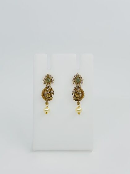 Gold-Tone Peacock Drop Earrings with CZ, Green Stone, and Pearl