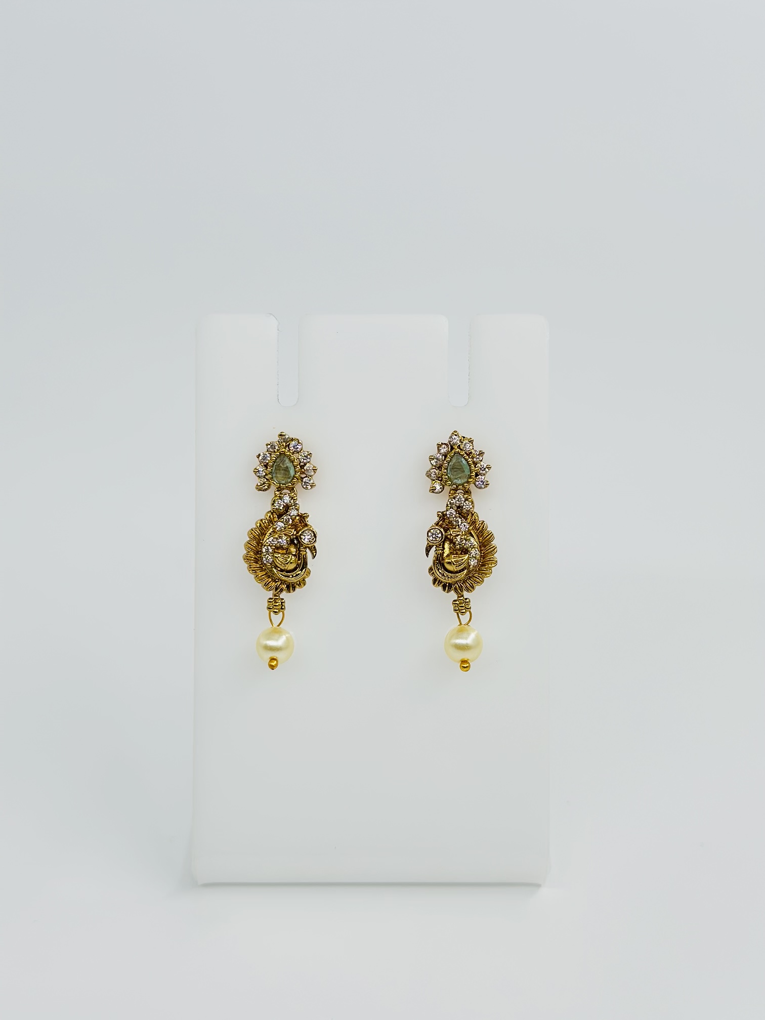 Gold-Tone Peacock Drop Earrings with CZ, Green Stone, and Pearl