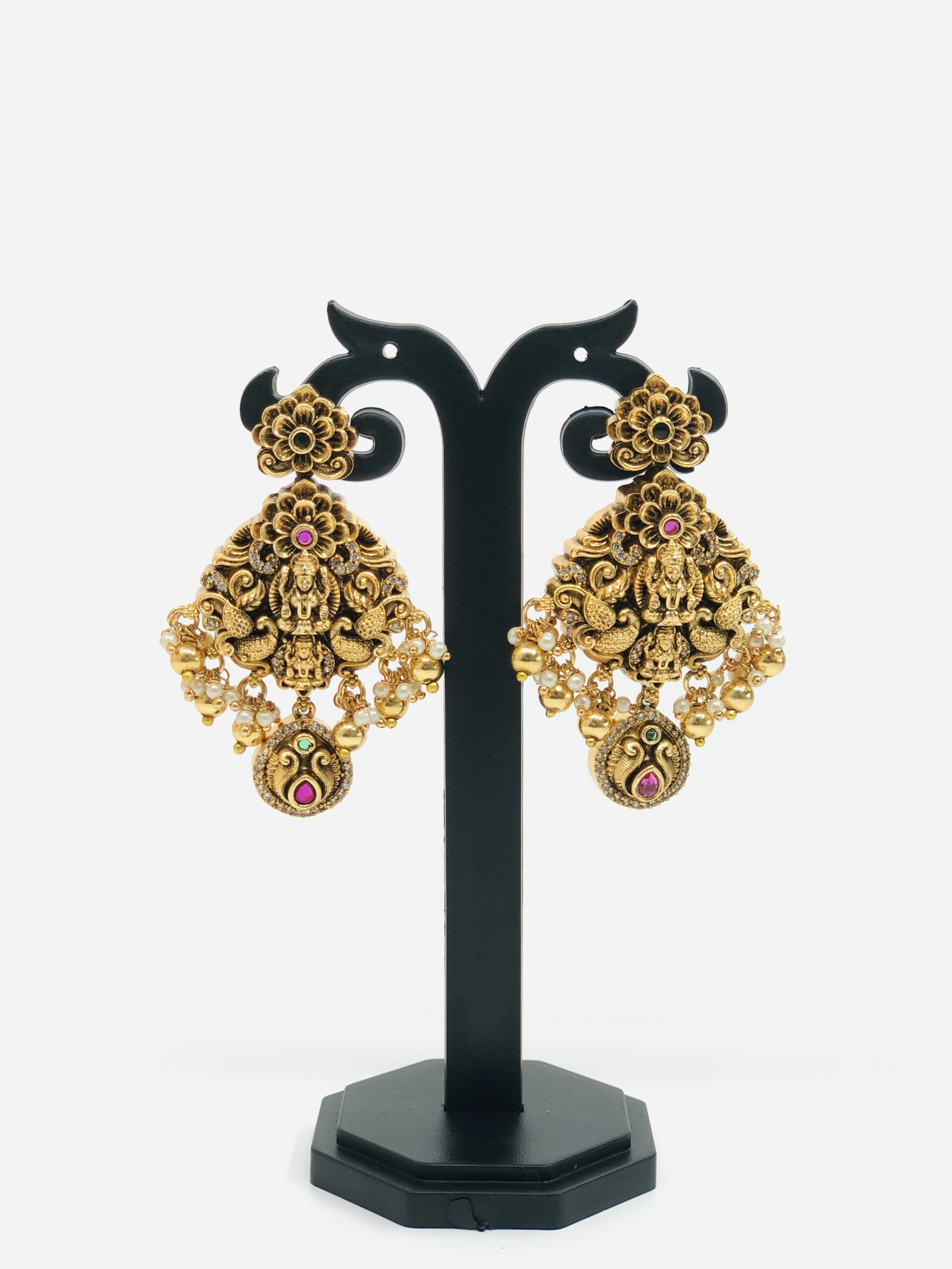 Antique Gold-Tone Peacock & Lakshmi Drop Earrings - Image 4