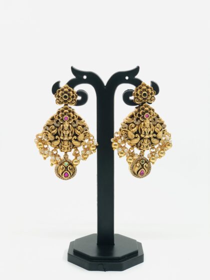 Antique Gold-Tone Peacock & Lakshmi Drop Earrings