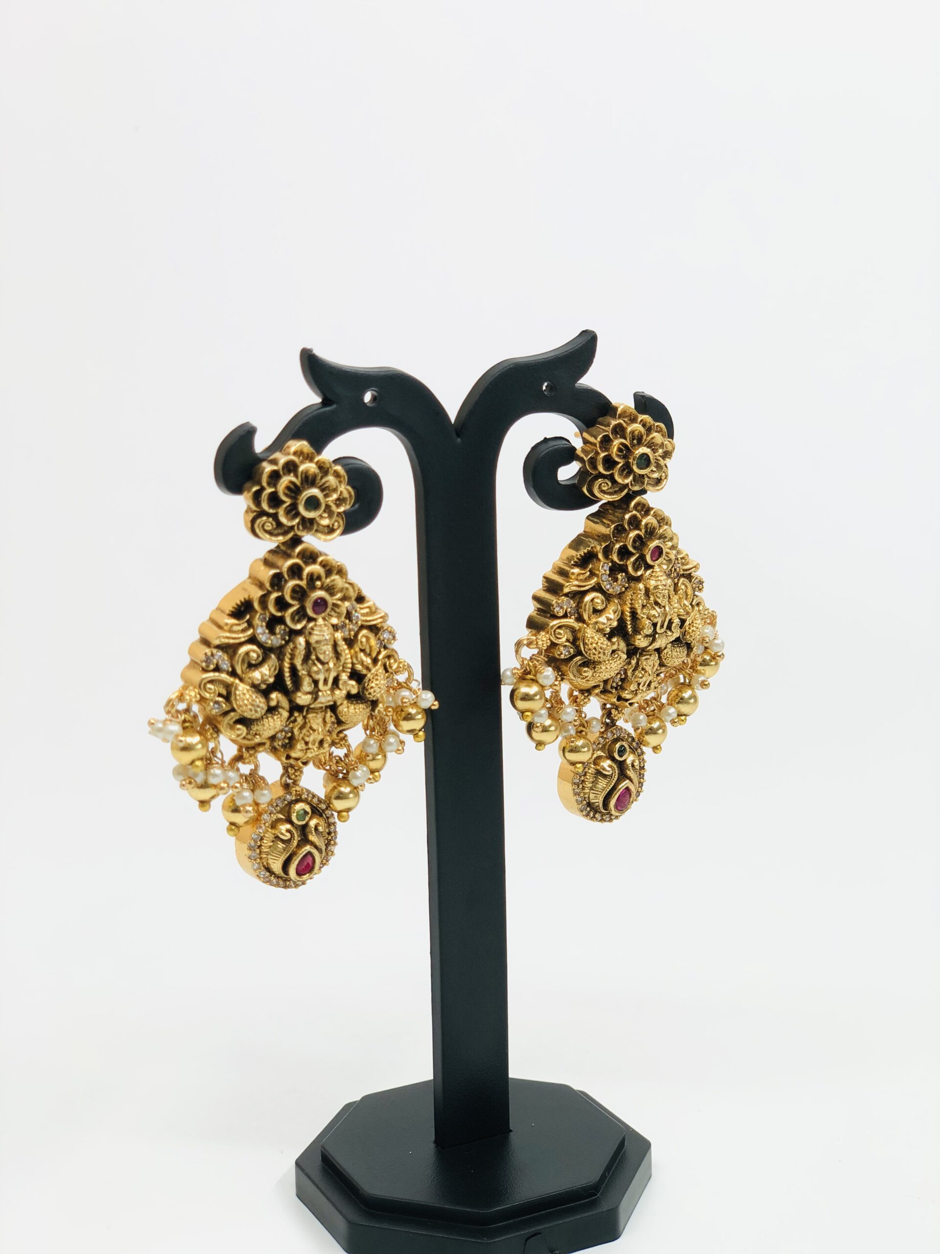 Antique Gold-Tone Peacock & Lakshmi Drop Earrings - Image 2