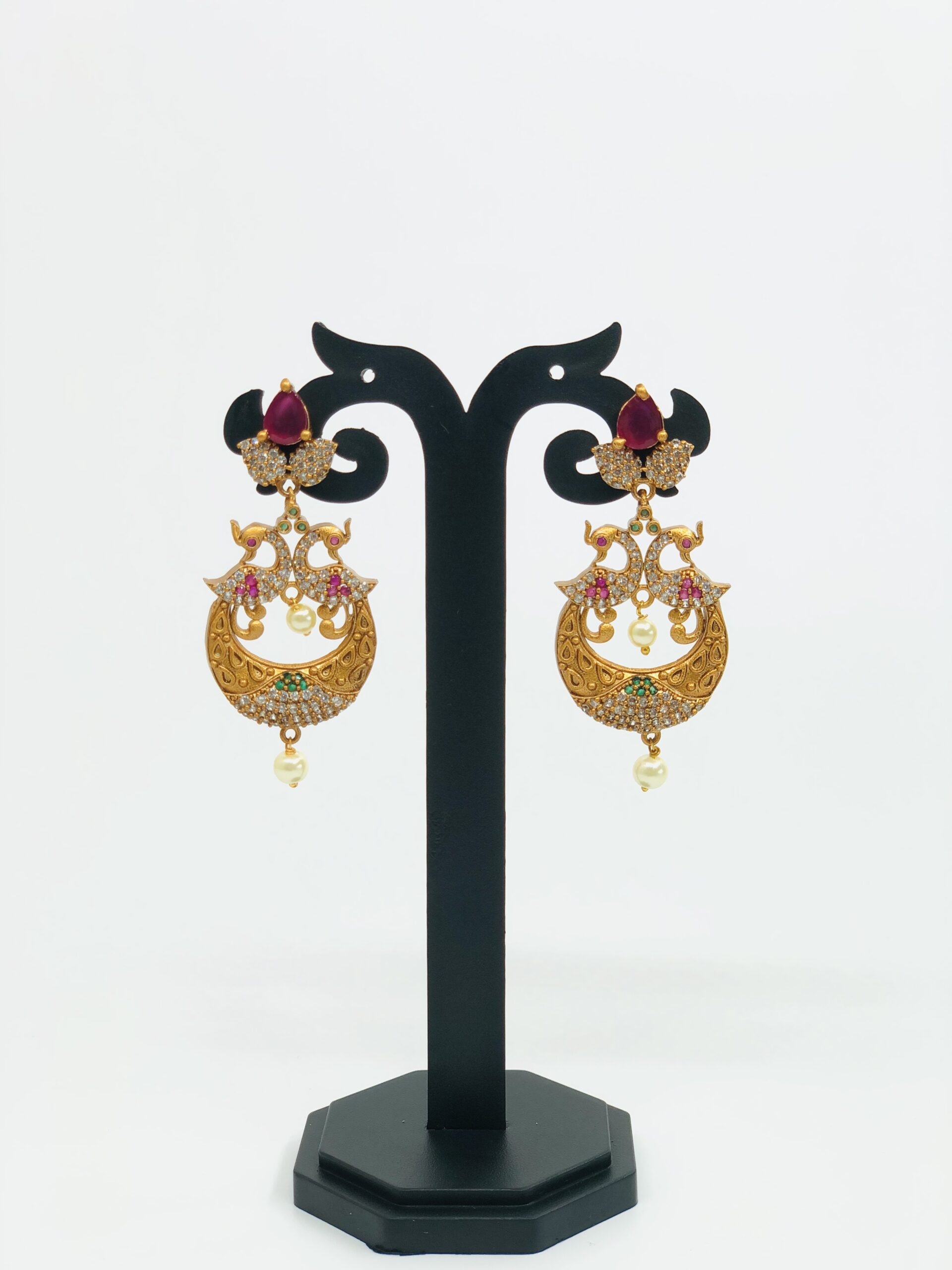 Antique Gold-Tone Crescent & Peacock Drop Earrings with CZ and Maroon Stone - Image 3