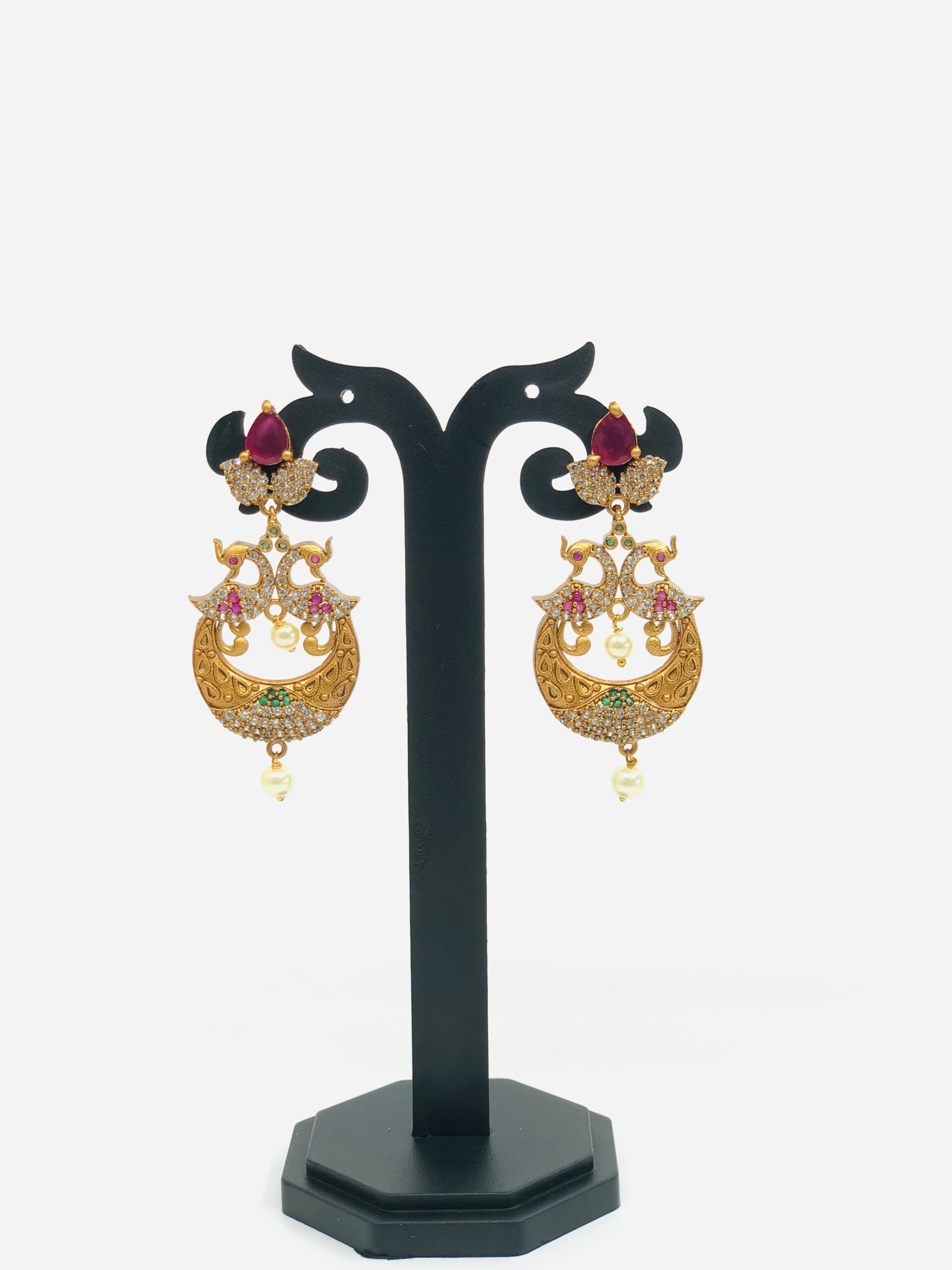 Antique Gold-Tone Crescent & Peacock Drop Earrings with CZ and Maroon Stone - Image 2