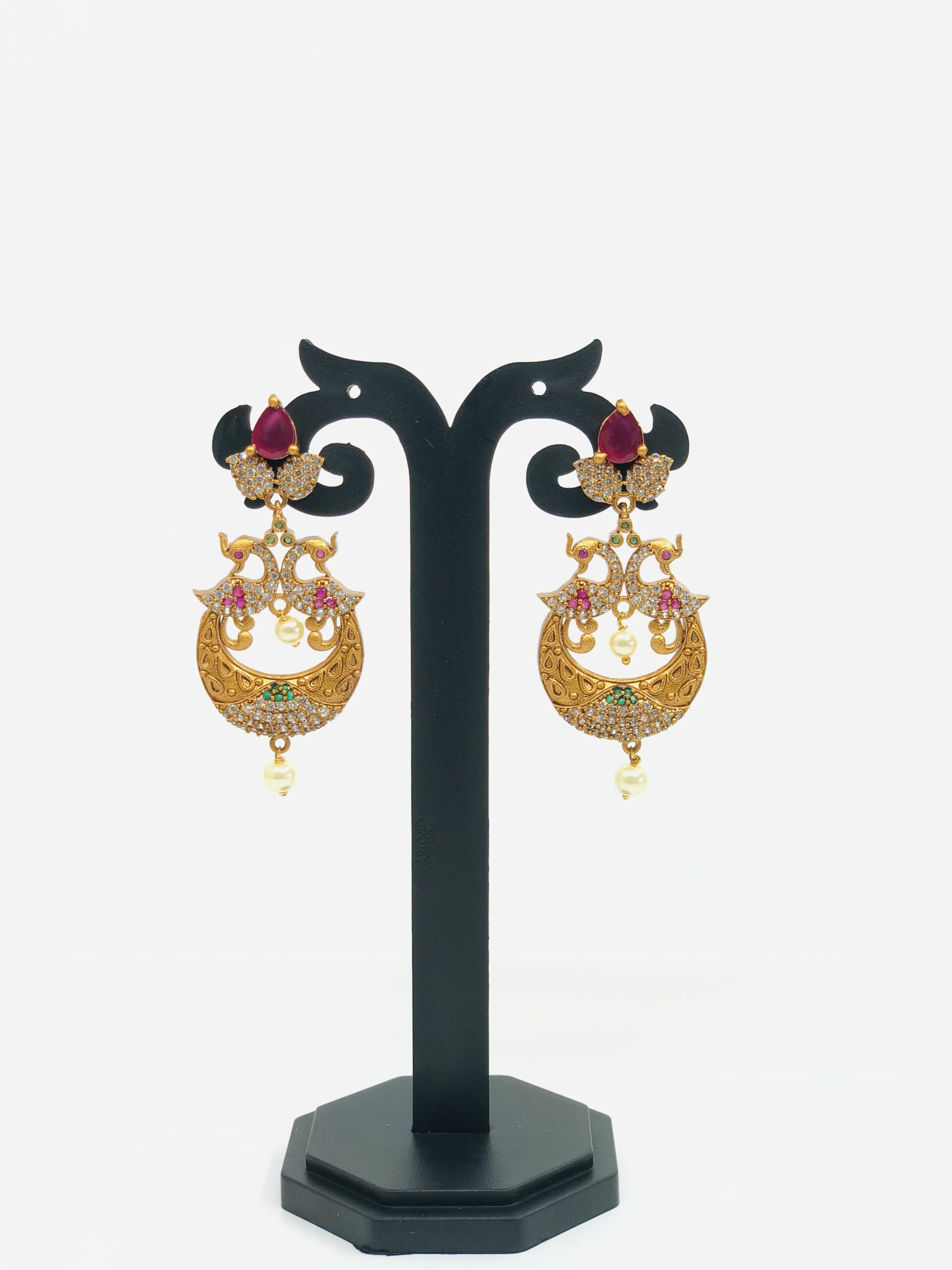 Antique Gold-Tone Crescent & Peacock Drop Earrings with CZ and Maroon Stone