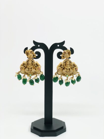 Antique Gold-Tone Lakshmi & Green Bead Drop Earrings