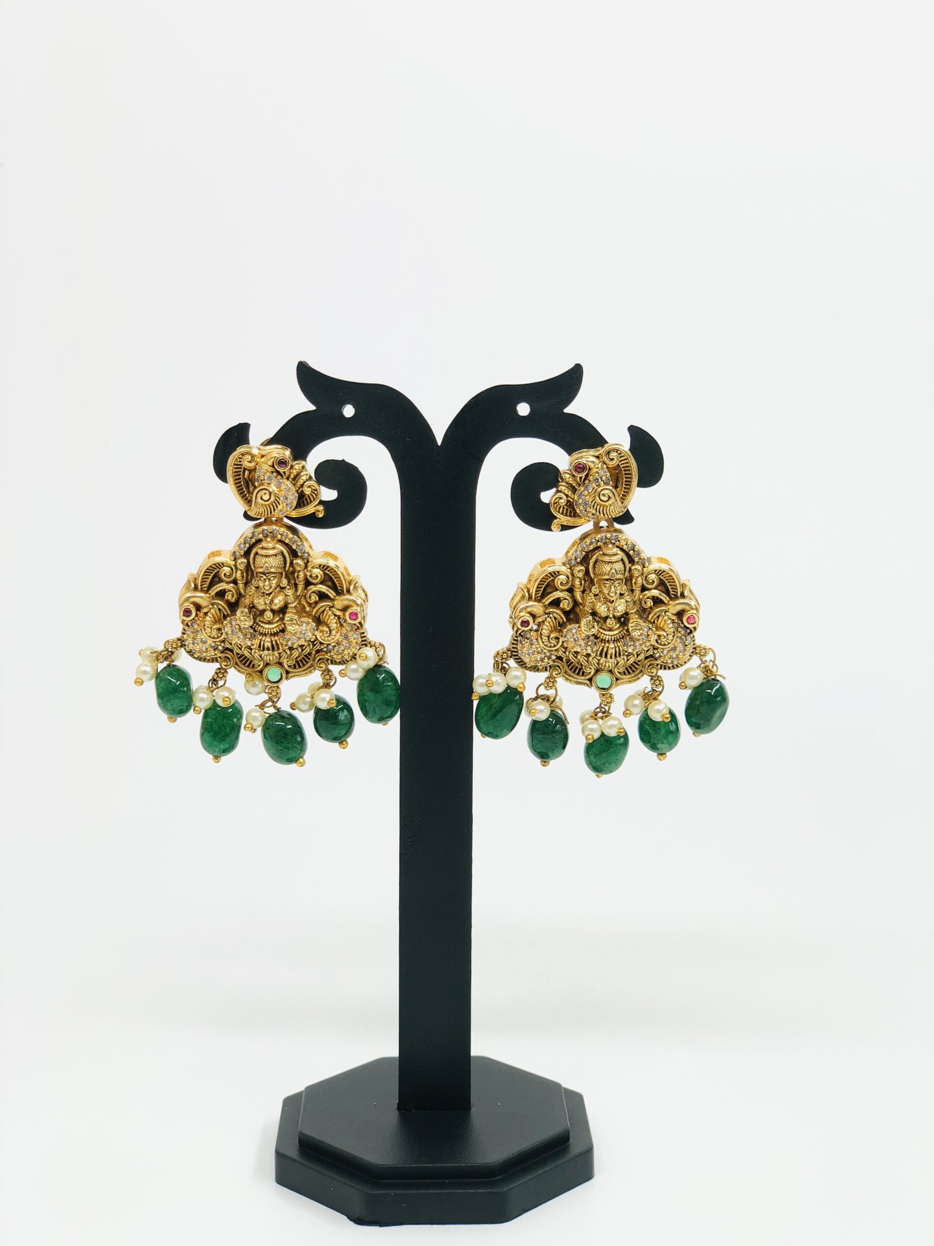 Antique Gold-Tone Lakshmi & Green Bead Drop Earrings - Image 4