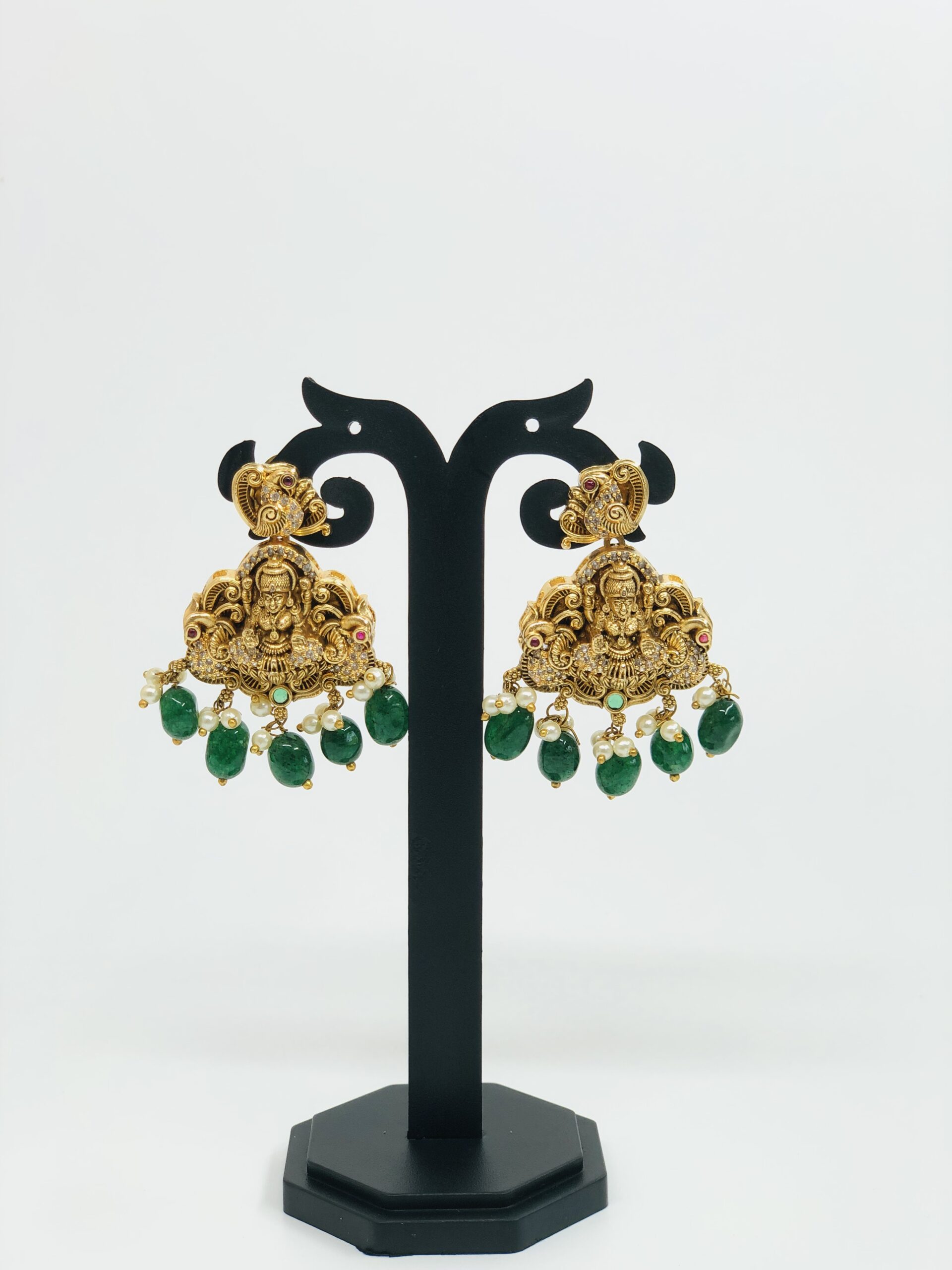 Antique Gold-Tone Lakshmi & Green Bead Drop Earrings - Image 3