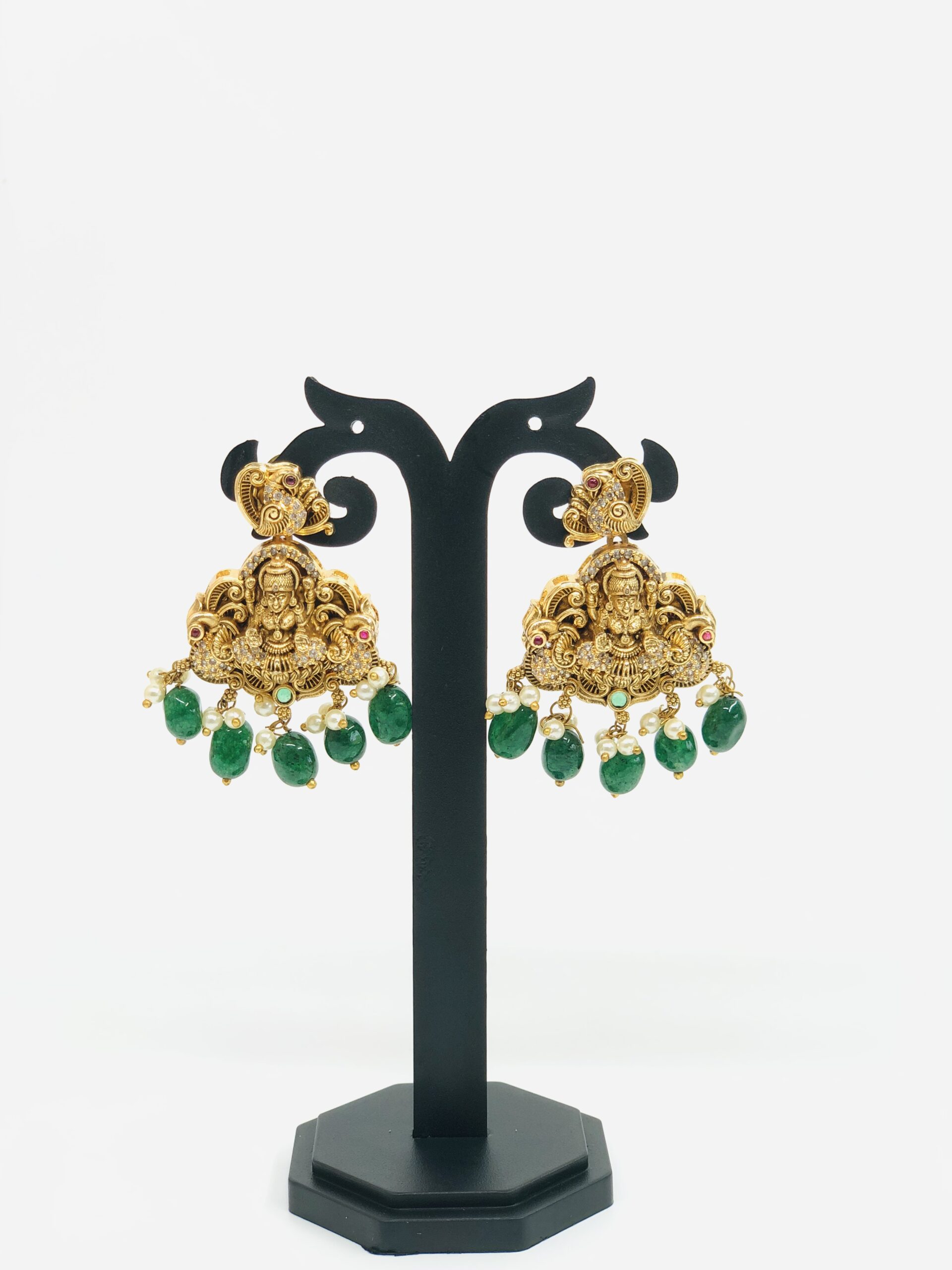 Antique Gold-Tone Lakshmi & Green Bead Drop Earrings - Image 2