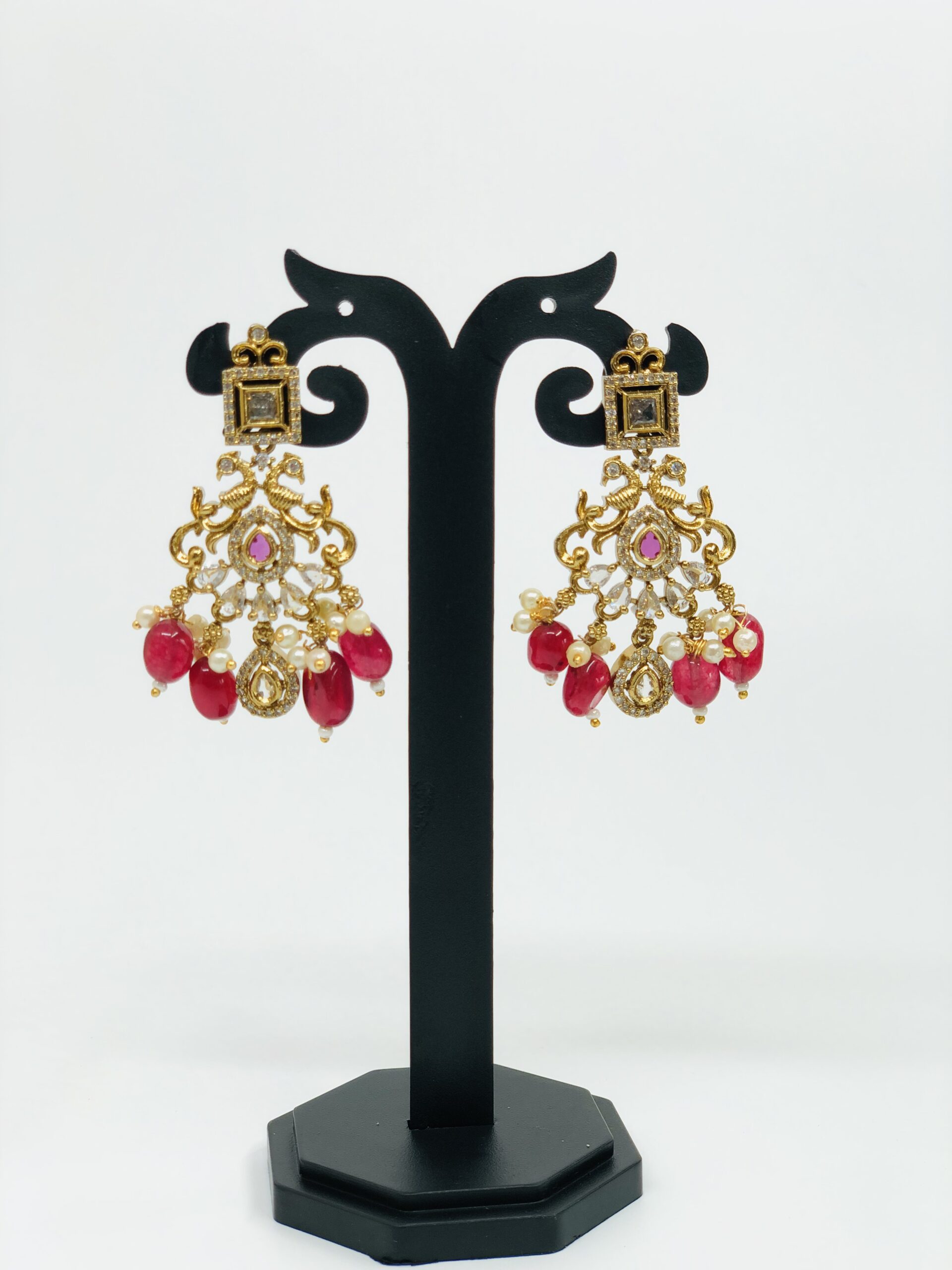 Antique Gold-Tone Ruby & CZ Drop Earrings - Image 4