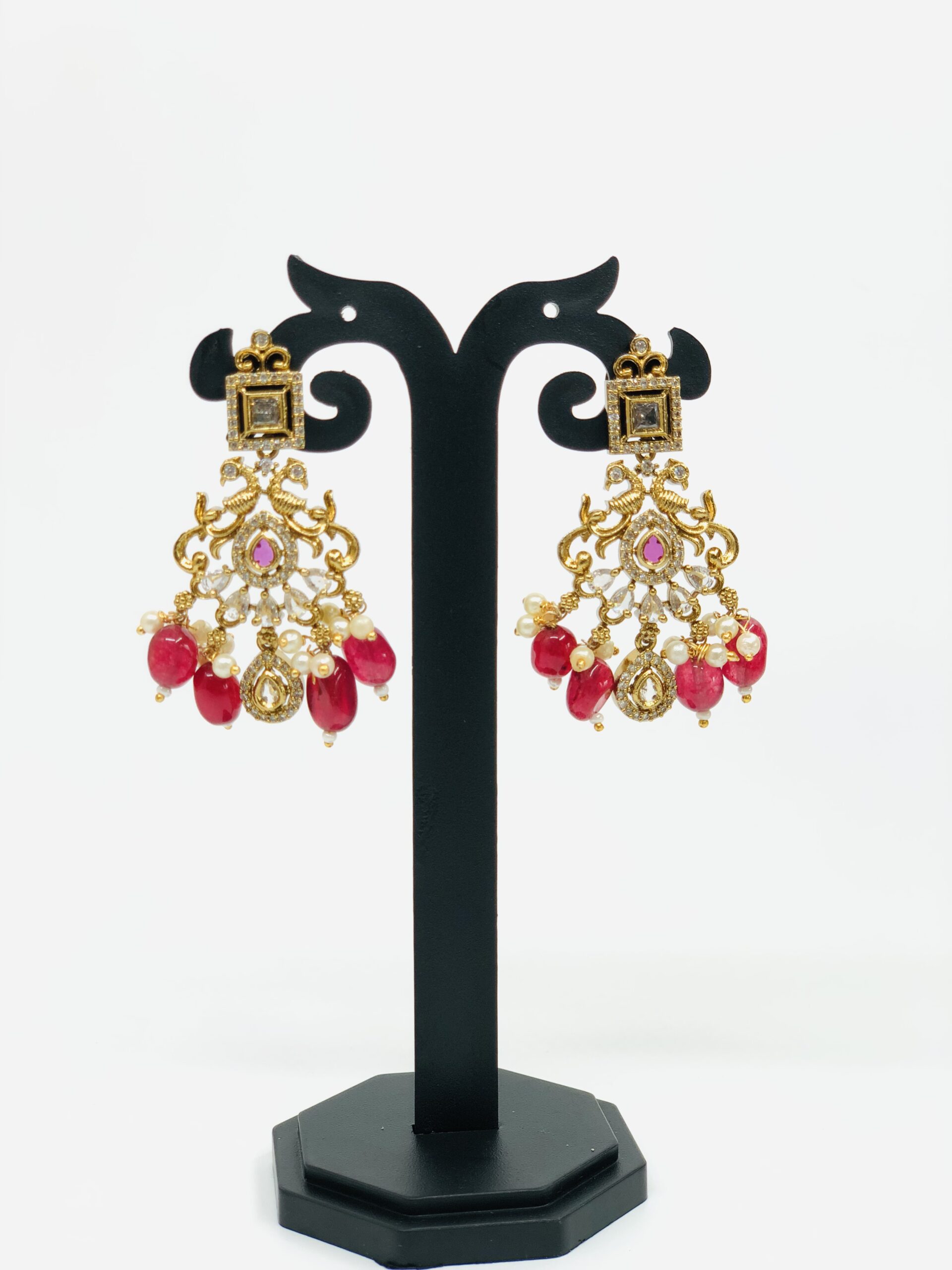 Antique Gold-Tone Ruby & CZ Drop Earrings - Image 2