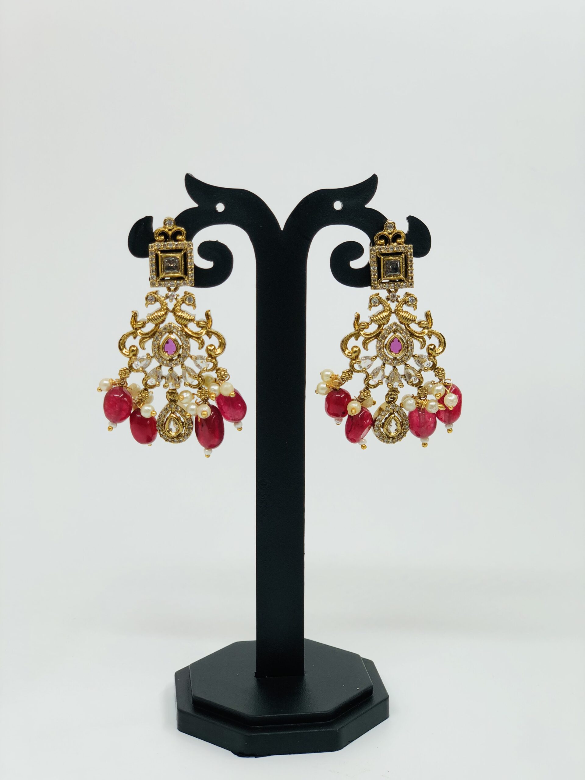 Antique Gold-Tone Ruby & CZ Drop Earrings