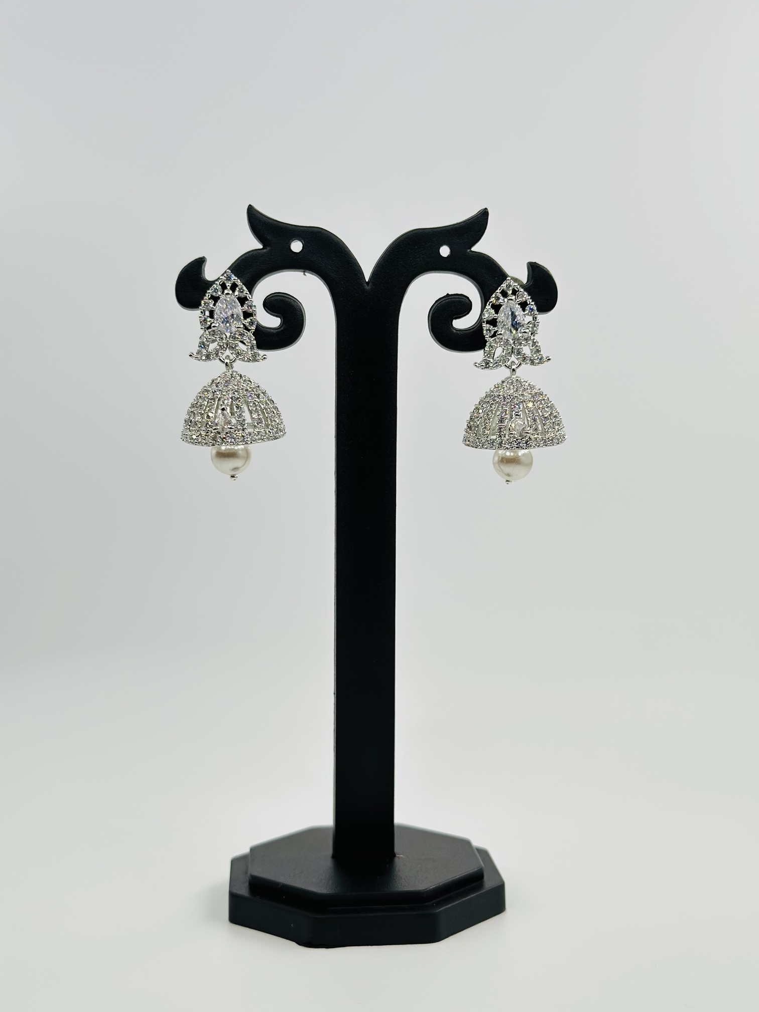 Silver-Tone CZ Jhumka Earrings with Floral Stud and Pearl Drop - Image 4