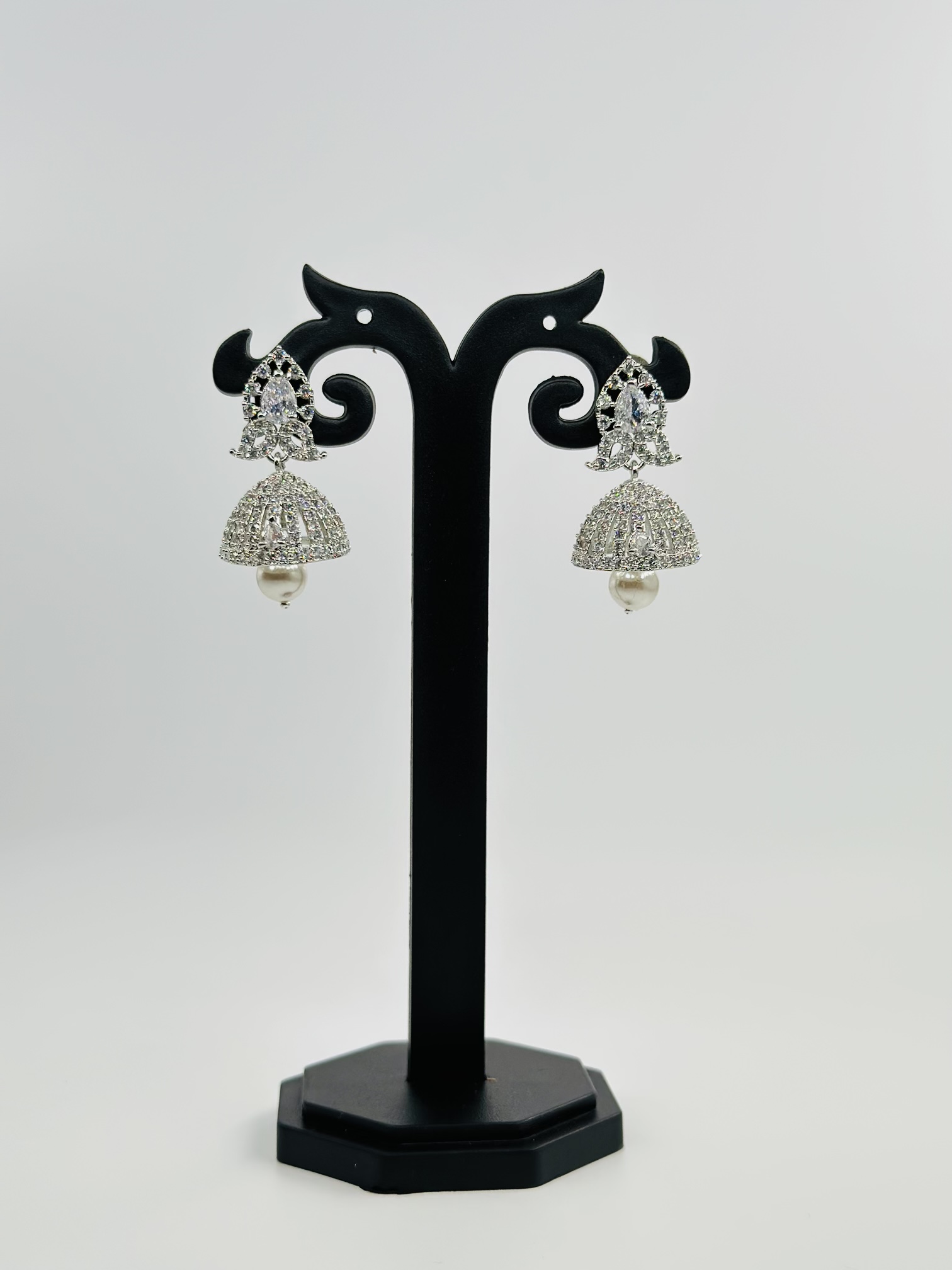 Silver-Tone CZ Jhumka Earrings with Floral Stud and Pearl Drop - Image 3