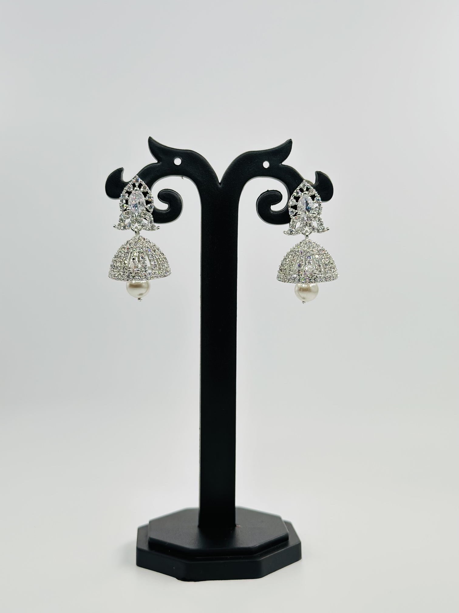 Silver-Tone CZ Jhumka Earrings with Floral Stud and Pearl Drop - Image 2