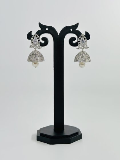 Silver-Tone CZ Jhumka Earrings with Floral Stud and Pearl Drop