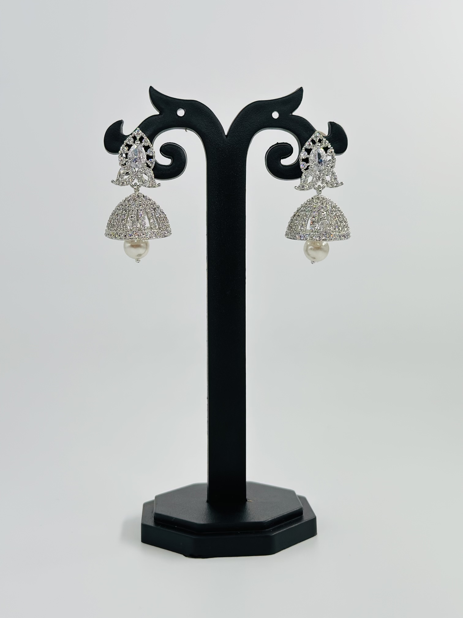Silver-Tone CZ Jhumka Earrings with Floral Stud and Pearl Drop