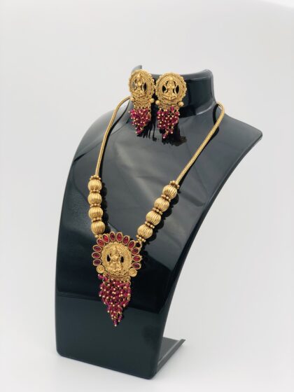 Gold-Tone Temple Necklace Set with Ruby Beads