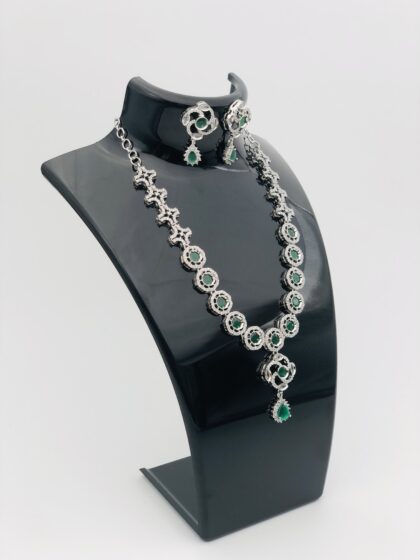 Green Stone & CZ Rhodium-Tone Necklace Set
