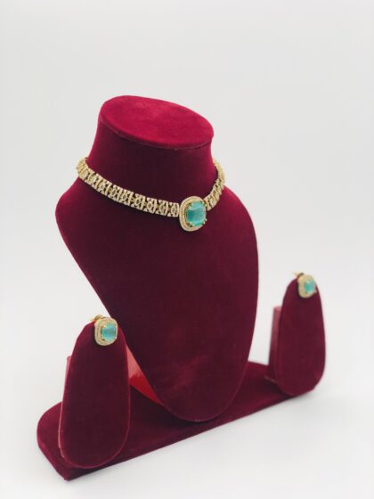 Green Stone & CZ Gold Tone Necklace Set
