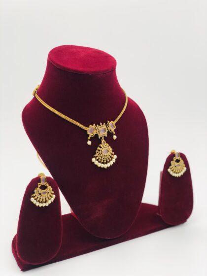 Pink Stone Gold Toned Necklace Set