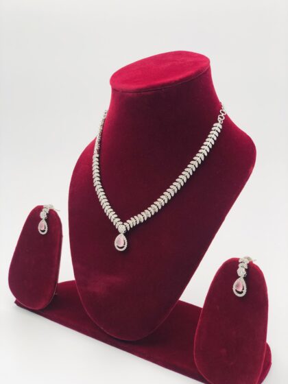 Pink & White Stone Silver Toned Necklace Set