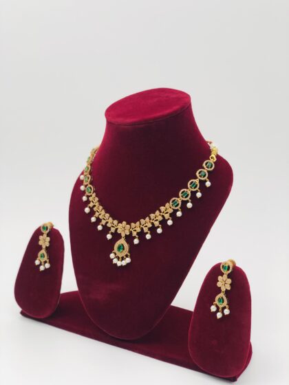 Green Stone & Pearl Gold Tone Necklace Set