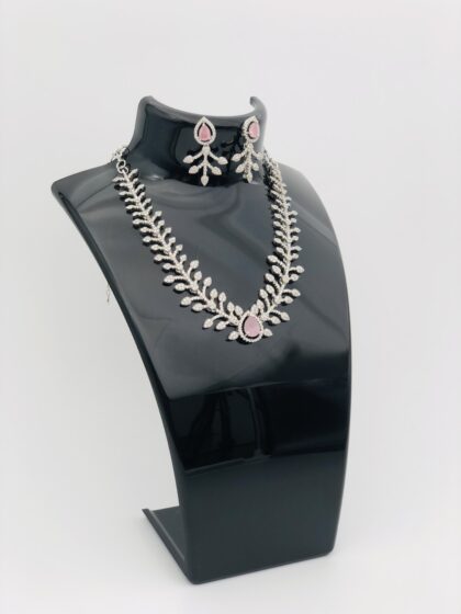 Pink Stone & CZ Silver Tone Necklace Set