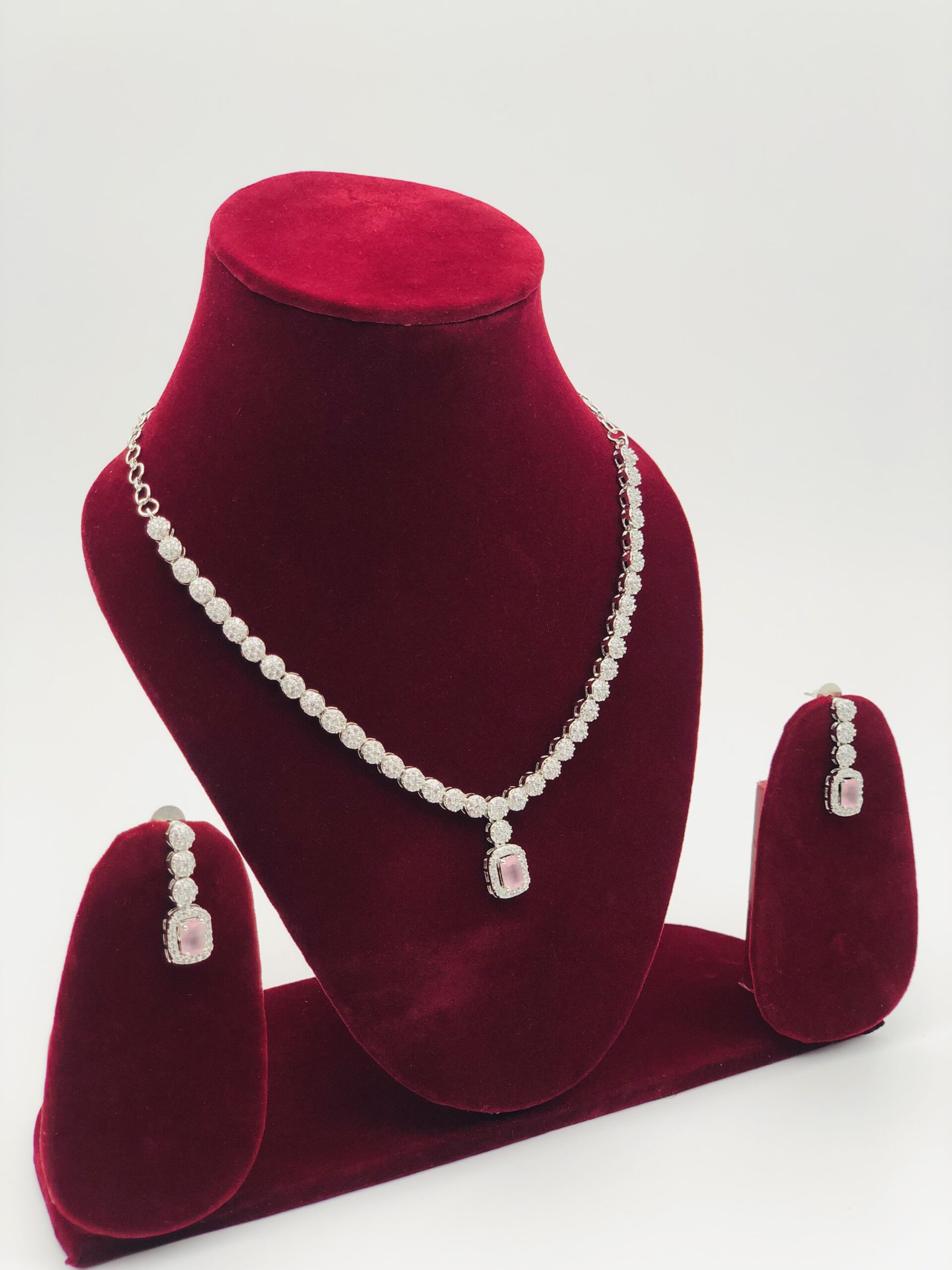 Pink & White Stone Silver Tone Necklace Set - Image 4