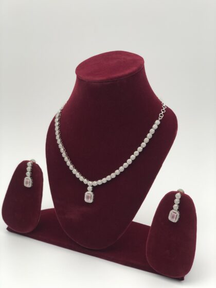 Pink & White Stone Silver Tone Necklace Set