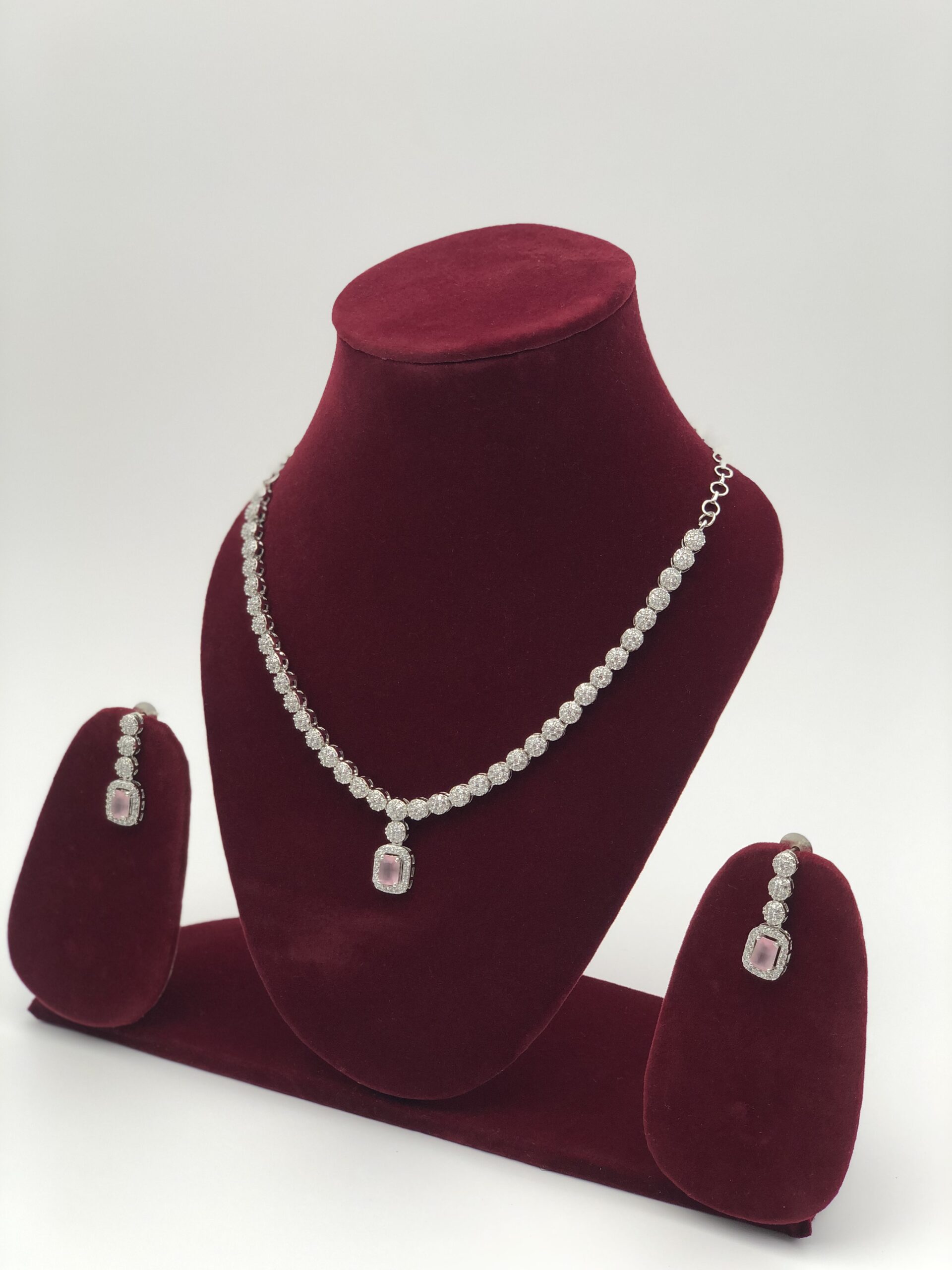 Pink & White Stone Silver Tone Necklace Set